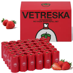 VETRESKA strawberry scented poop bags in packaging highlighting eco-friendly materials