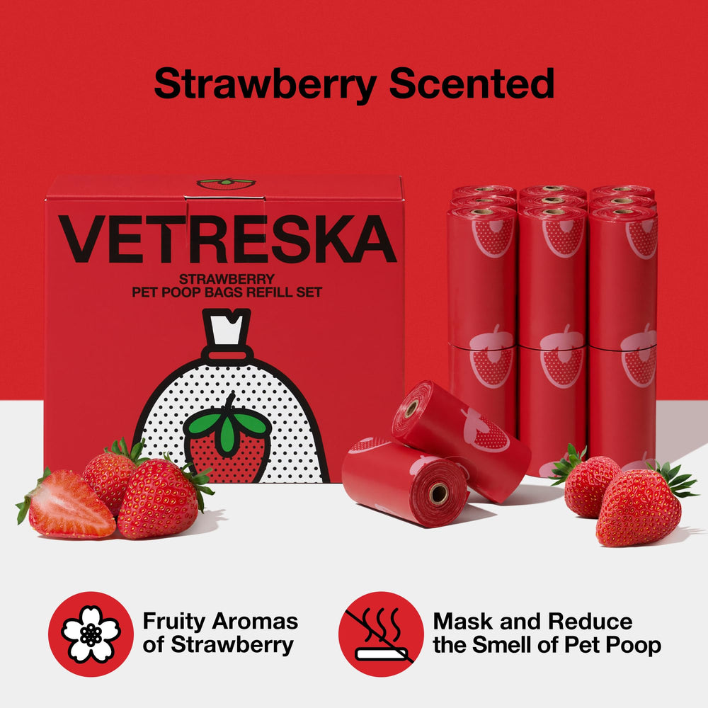 VETRESKA strawberry scented roll pack shown for easy, mess-free disposal on walks.