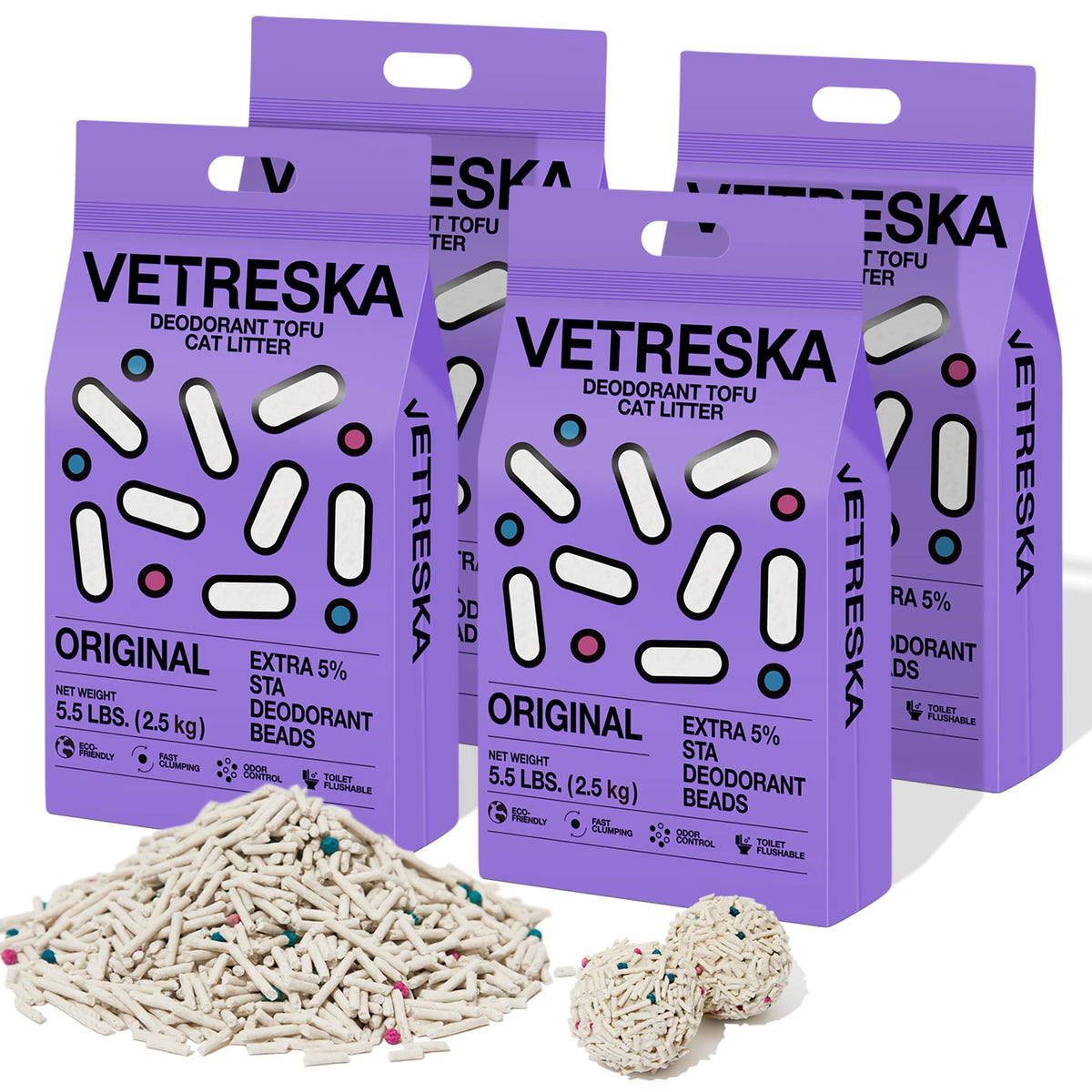 VETRESKA tofu cat litter full product image shows strong clumps for easy scooping.