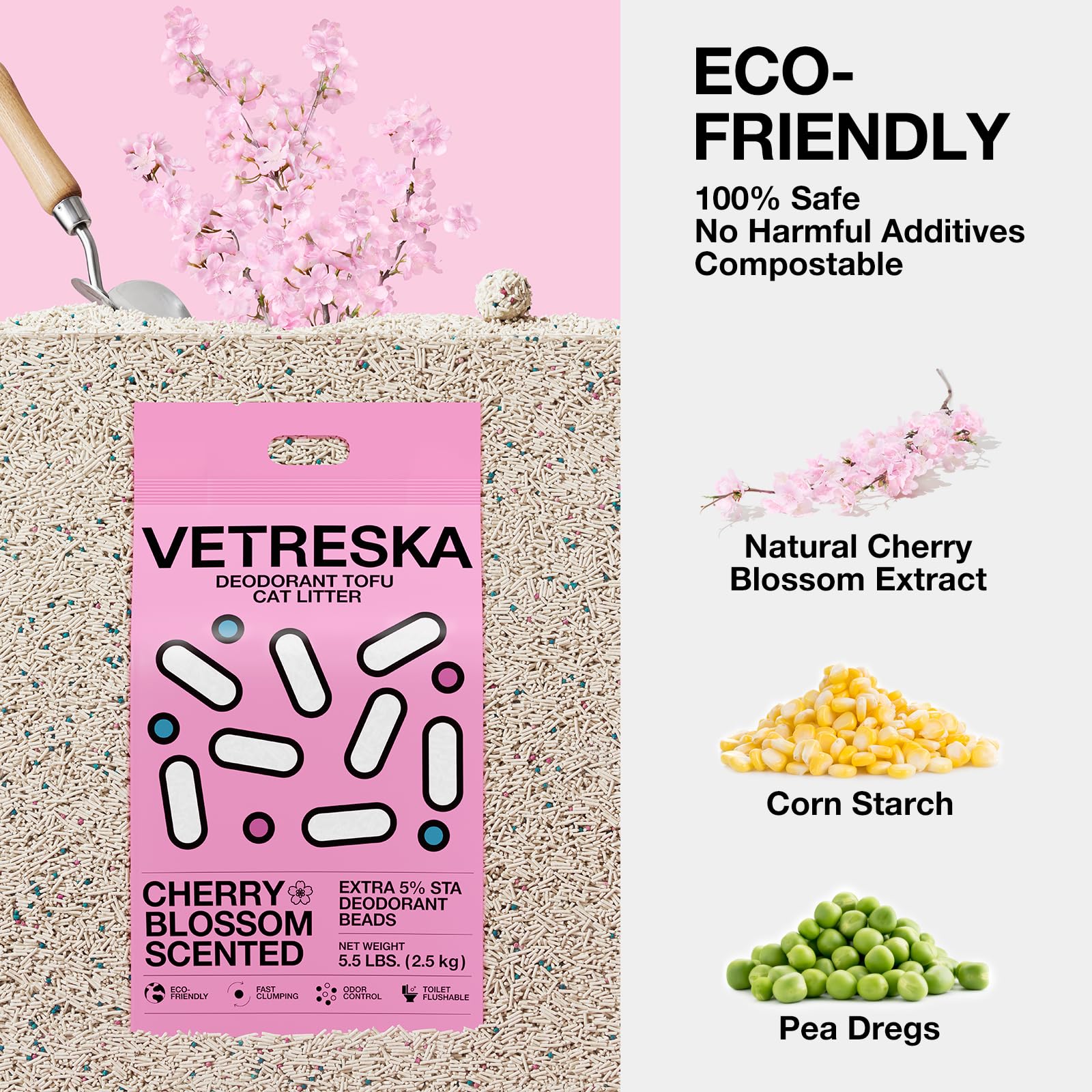 Vetreska vacuum-packaged cat litter protecting freshness during transport.