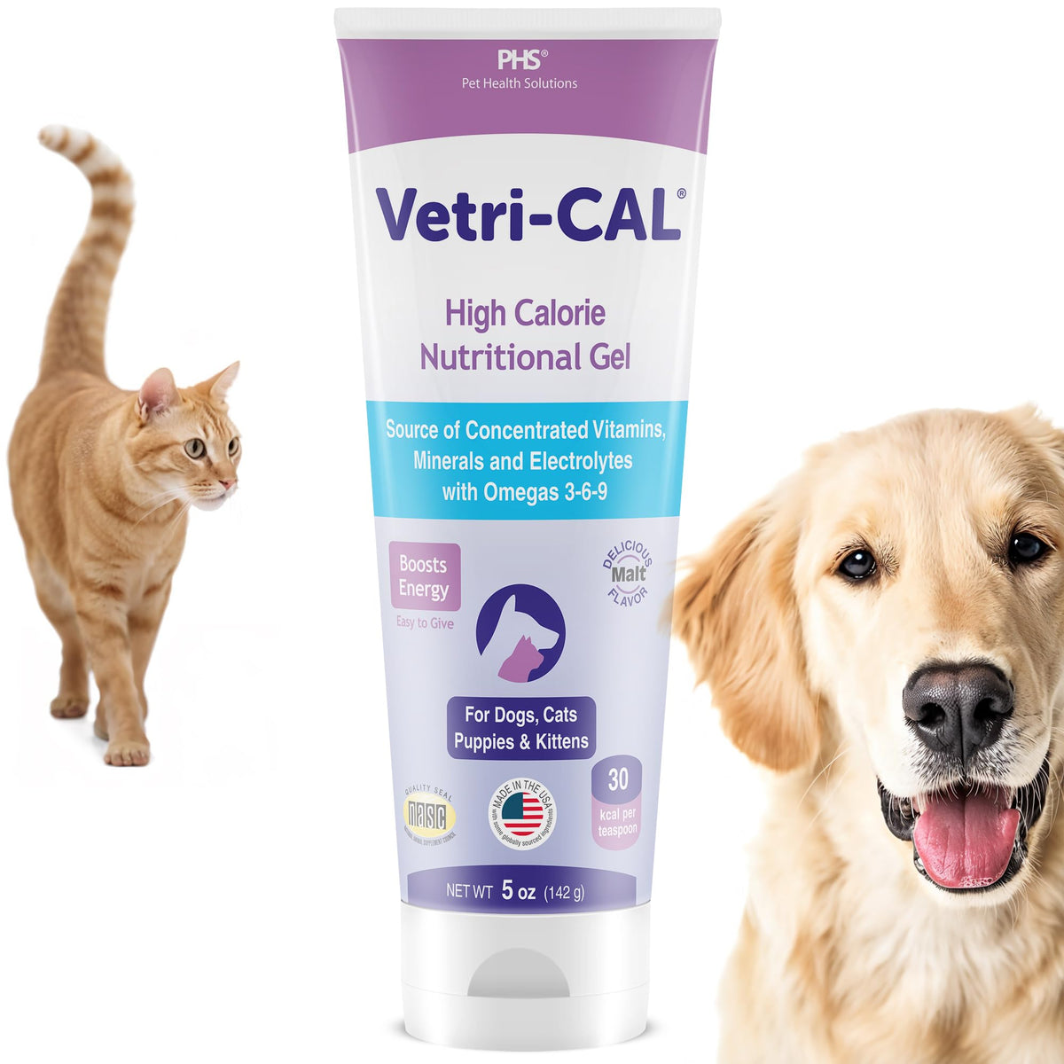 Vetri-CAL high-calorie gel bottle for energy support in pets.
