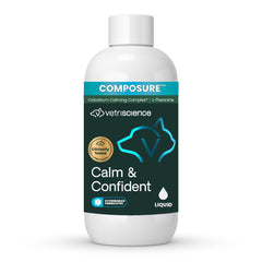 VetriScience Calm & Confident Liquid bottle offers easy, fast-acting calm for pets during stressful events.