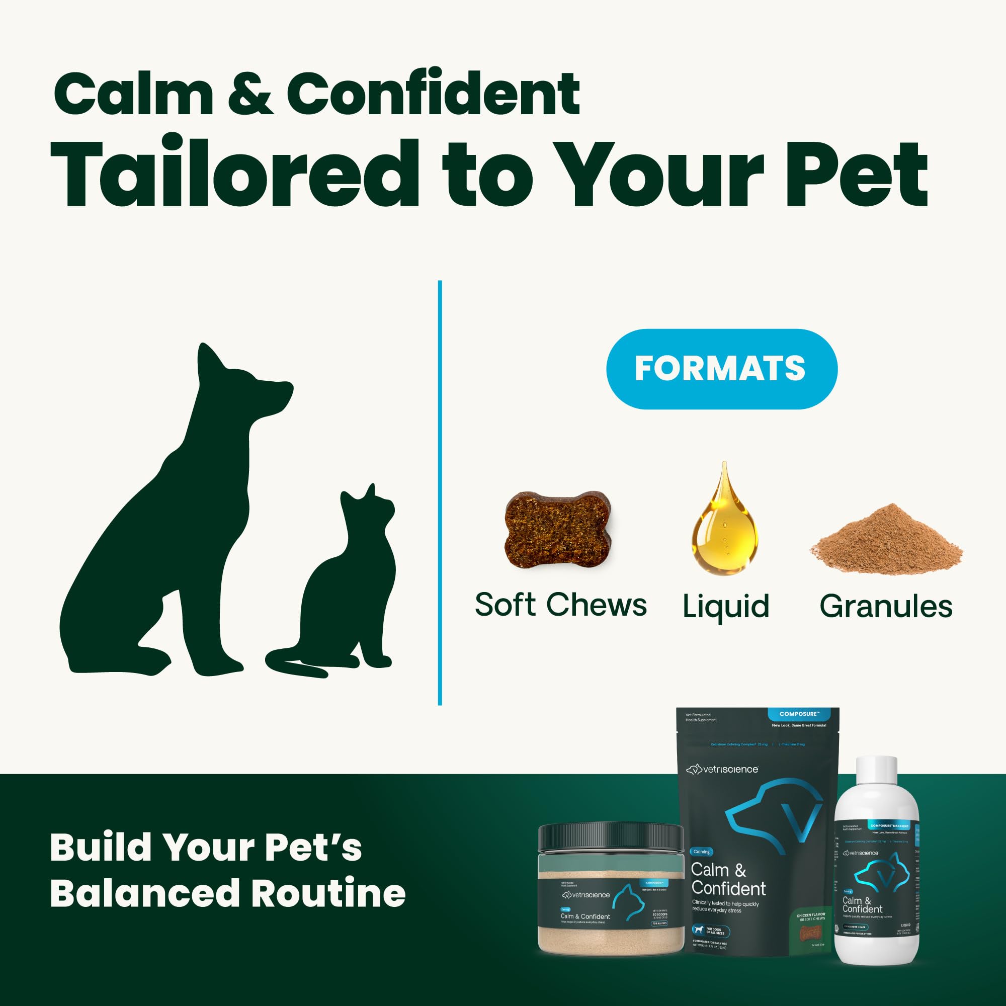 Pet owner offering VetriScience Calm & Confident Liquid before a thunderstorm to help calm.