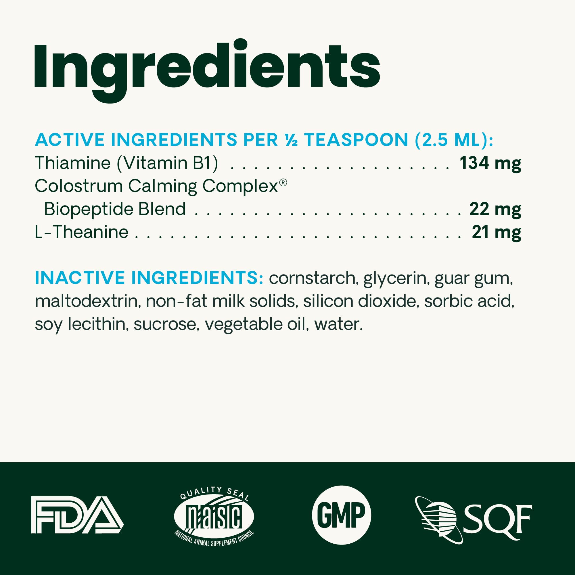 NASC-certified VetriScience Calm & Confident Liquid label indicating quality and stress support.