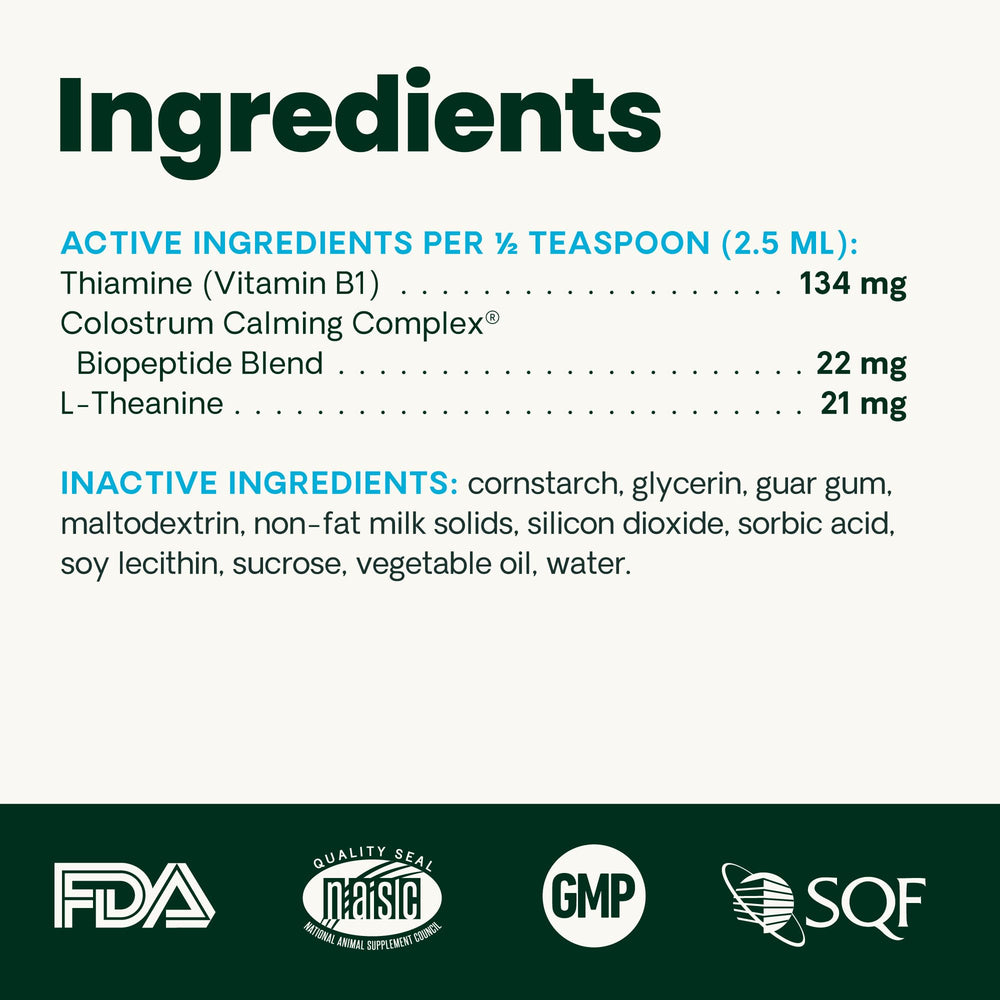 NASC-certified VetriScience Calm & Confident Liquid label indicating quality and stress support.