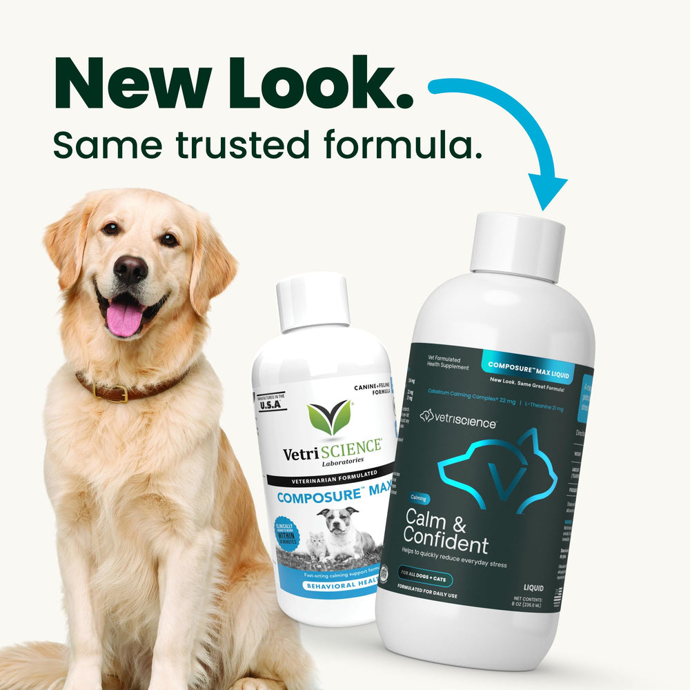 VetriScience Calm & Confident Liquid being poured over food for quick calming support.