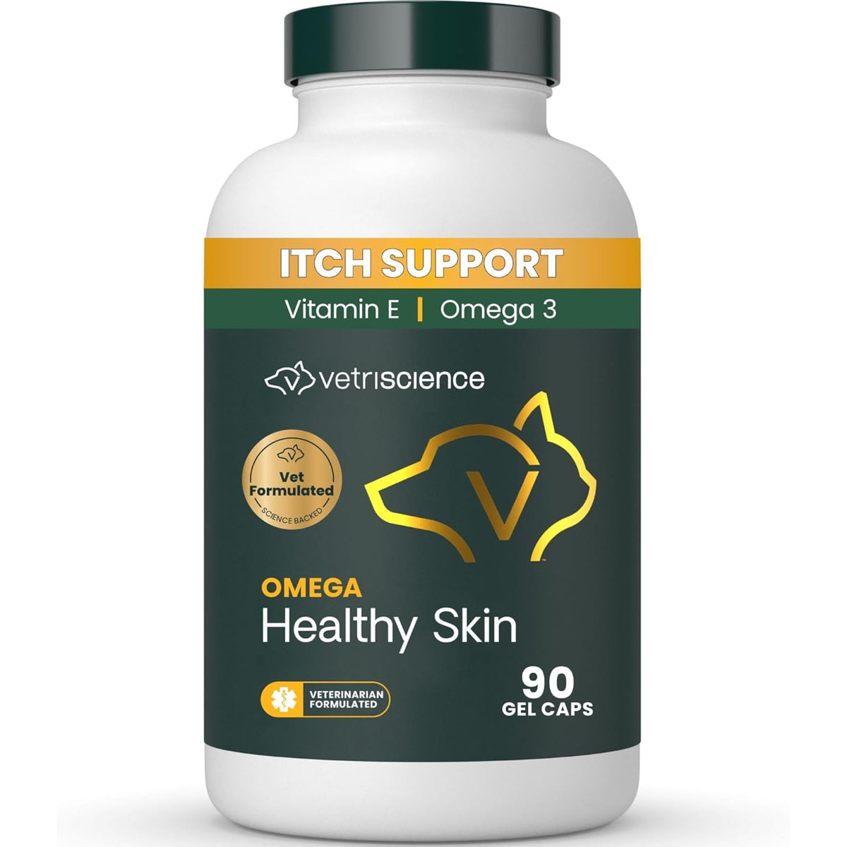 VetriScience Omega Healthy Skin bottle promotes skin support for dogs and cats