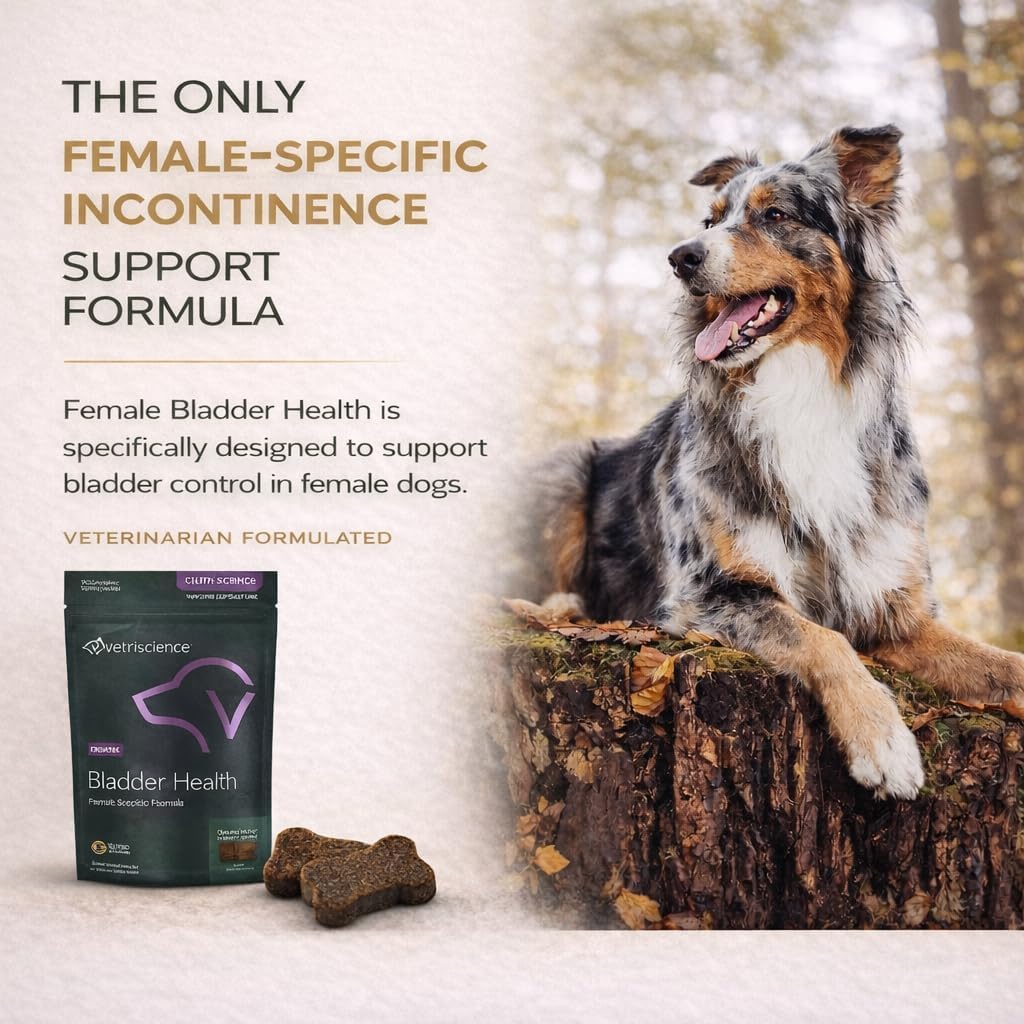 Dog taking VetriScience Chew, tasty bladder health treat for urinary balance.