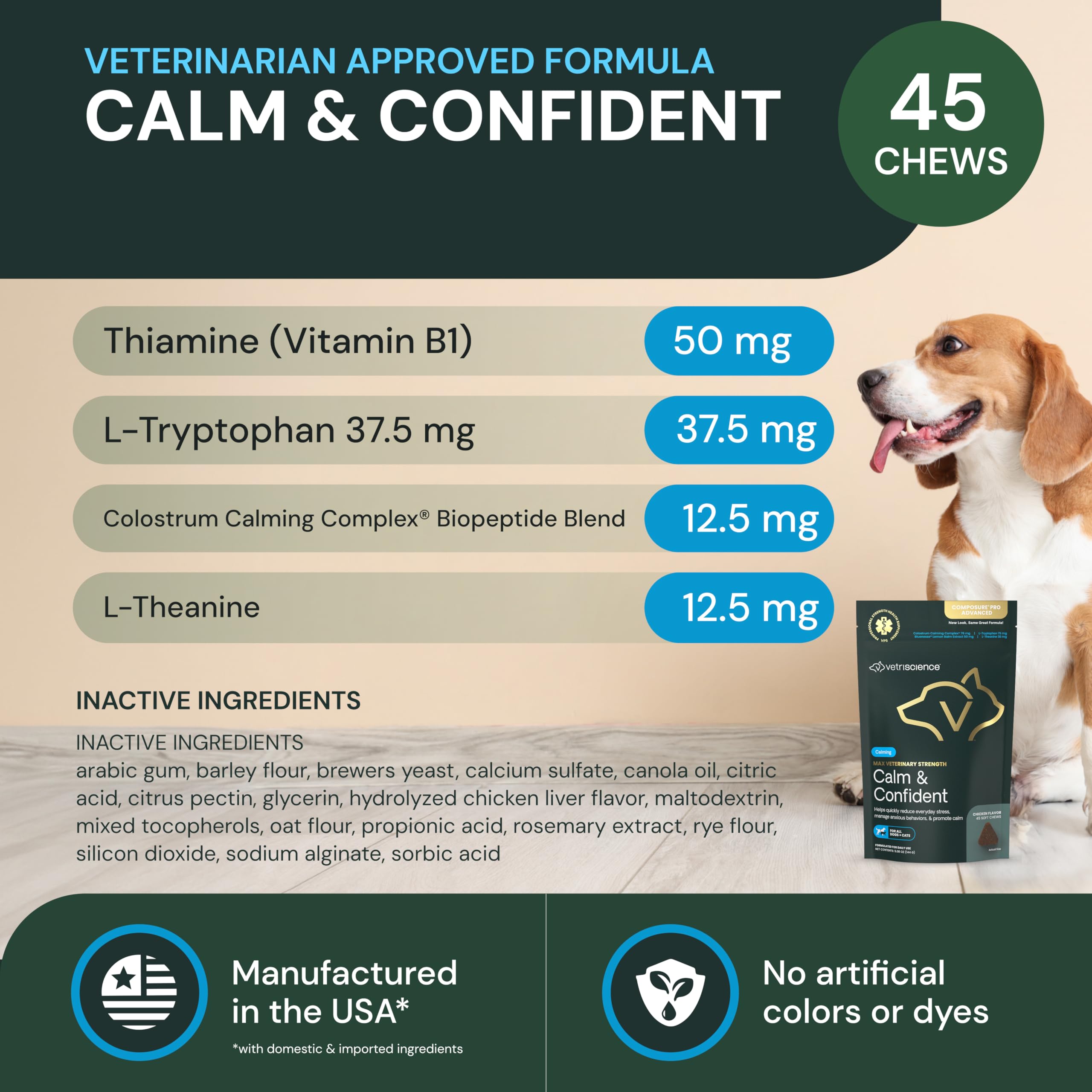 Jar of VetriScience Calm & Confident Chews being dispensed for quick calming moments.