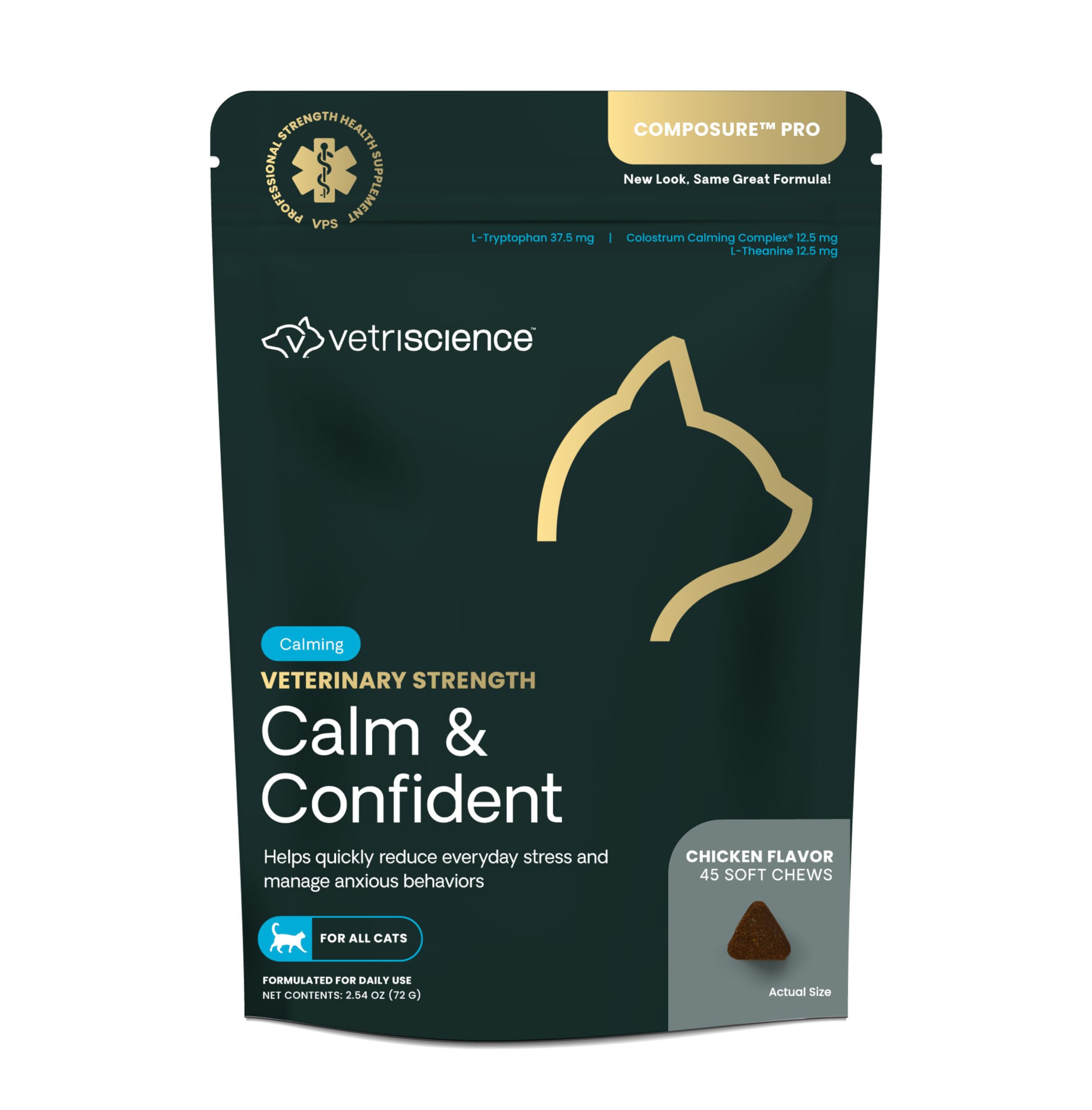 VetriScience Calm & Confident Chews for cats packaging front signaling easy calming support.