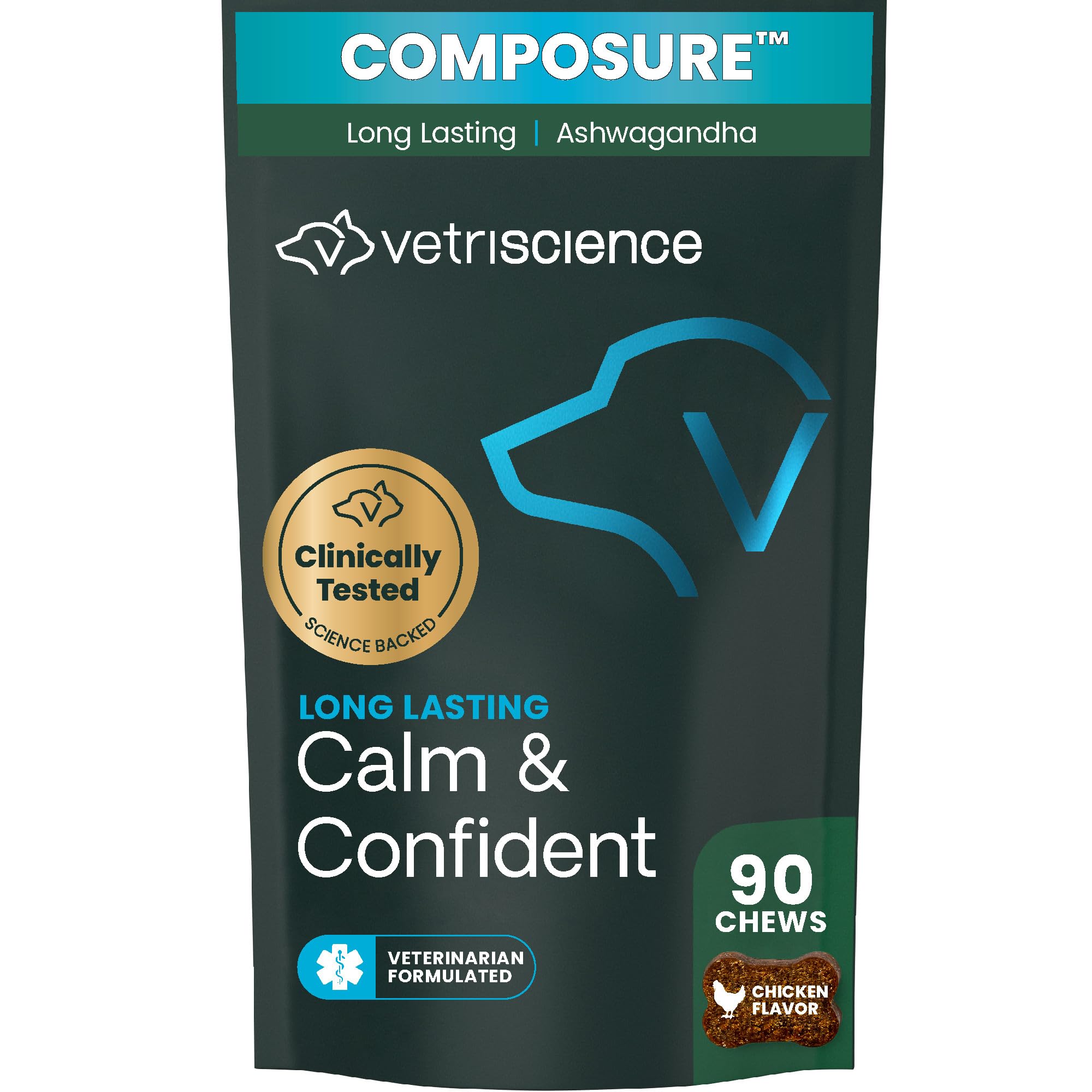 VetriScience Calm & Confident chews in a bottle, supporting calm behavior in dogs.