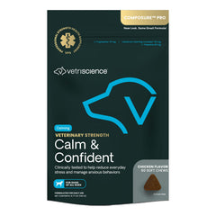 VetriScience Calm & Confident chews, pouch open, supporting calm during stressful moments.