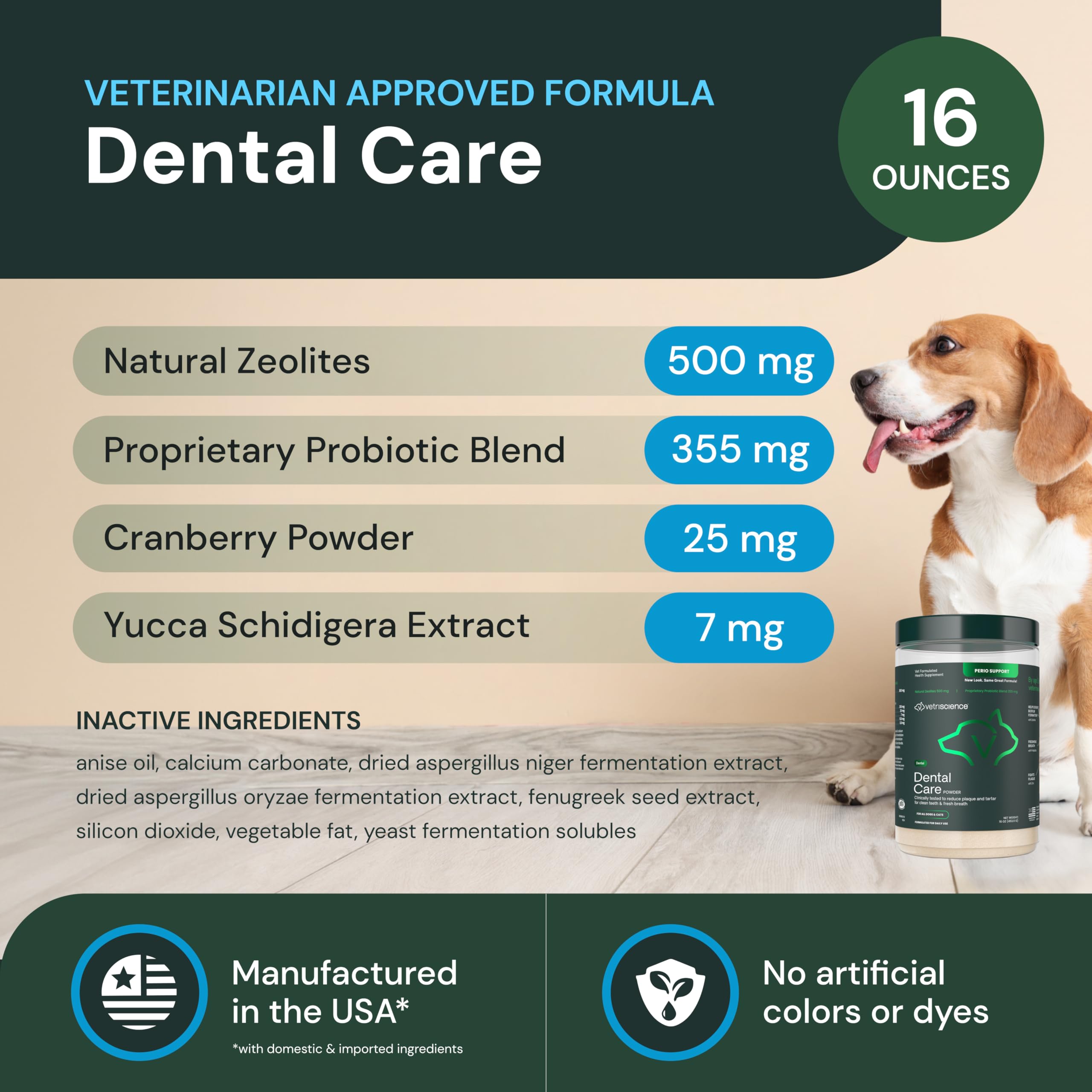 VetriScience Dental Care Powder on pet meals for convenient dental support.