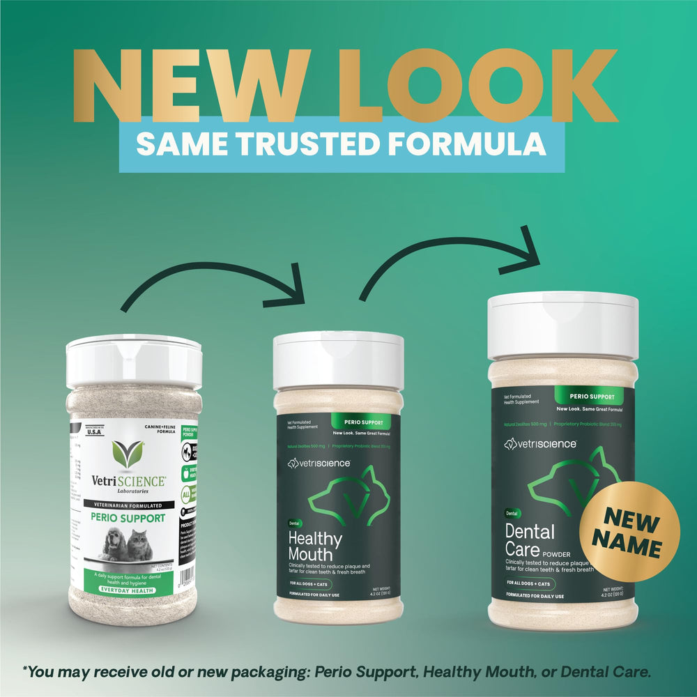 Powder sprinkled over kibble for discreet daily dental support and fresh breath.
