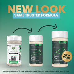 Powder sprinkled over kibble for discreet daily dental support and fresh breath.
