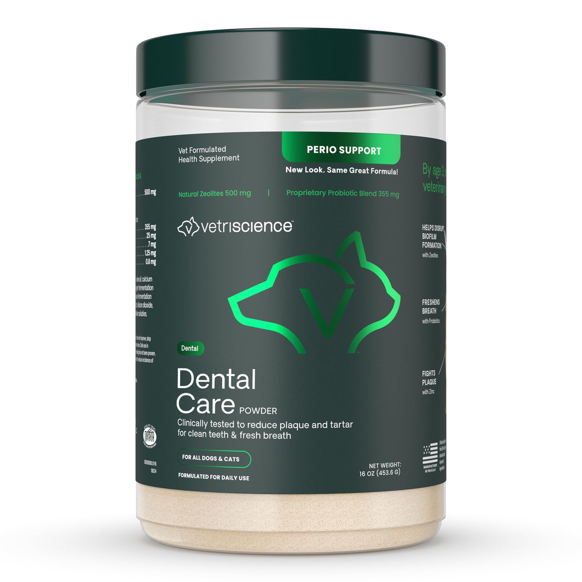 VetriScience Dental Care Powder tub for easy daily use and oral health.