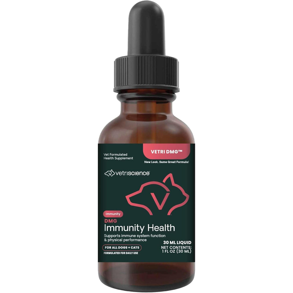 VetriScience DMG Immunity Health bottle pour showing easy administration for pets.
