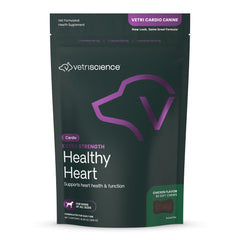 VetriScience Extra Strength Healthy Heart chews in bottle support canine heart health.