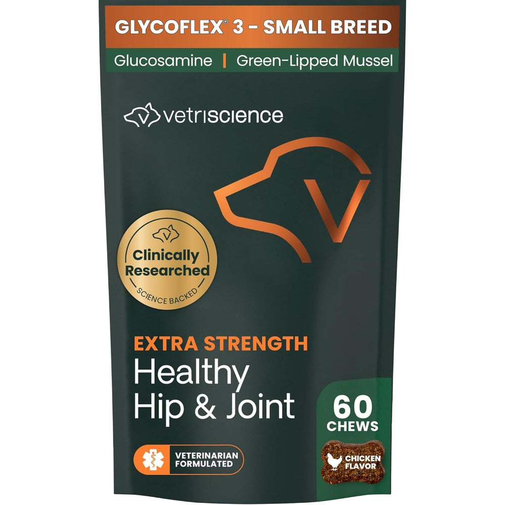 VetriScience Extra Strength Healthy Hip and Joint chews bottle for small dogs, supporting daily joint comfort.