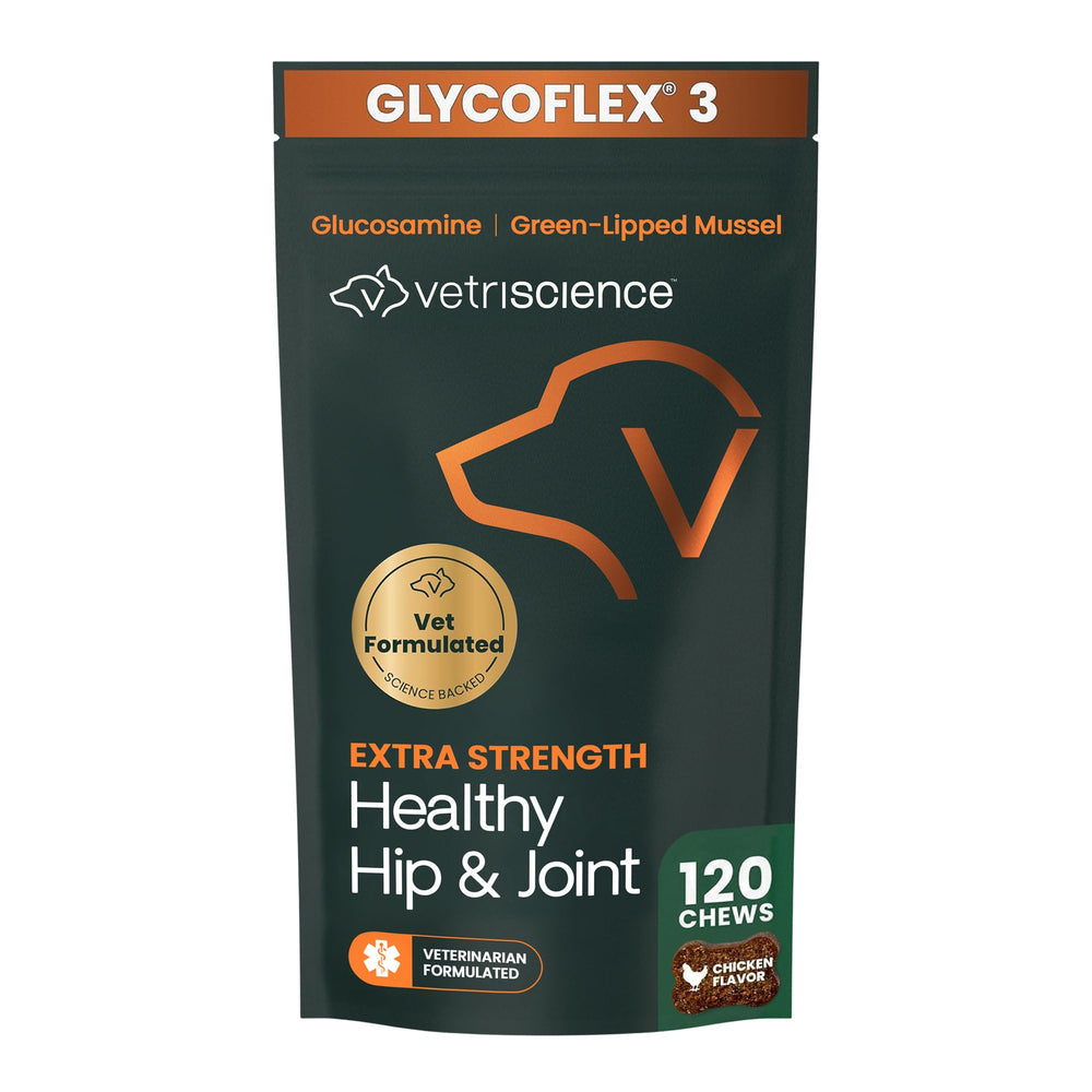 VetriScience Extra Strength Hip & Joint chews bottle for daily mobility support.