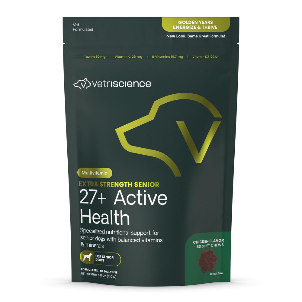 VetriScience Senior 27+ bottle close-up, easy-to-chew daily multivitamin for aging dogs