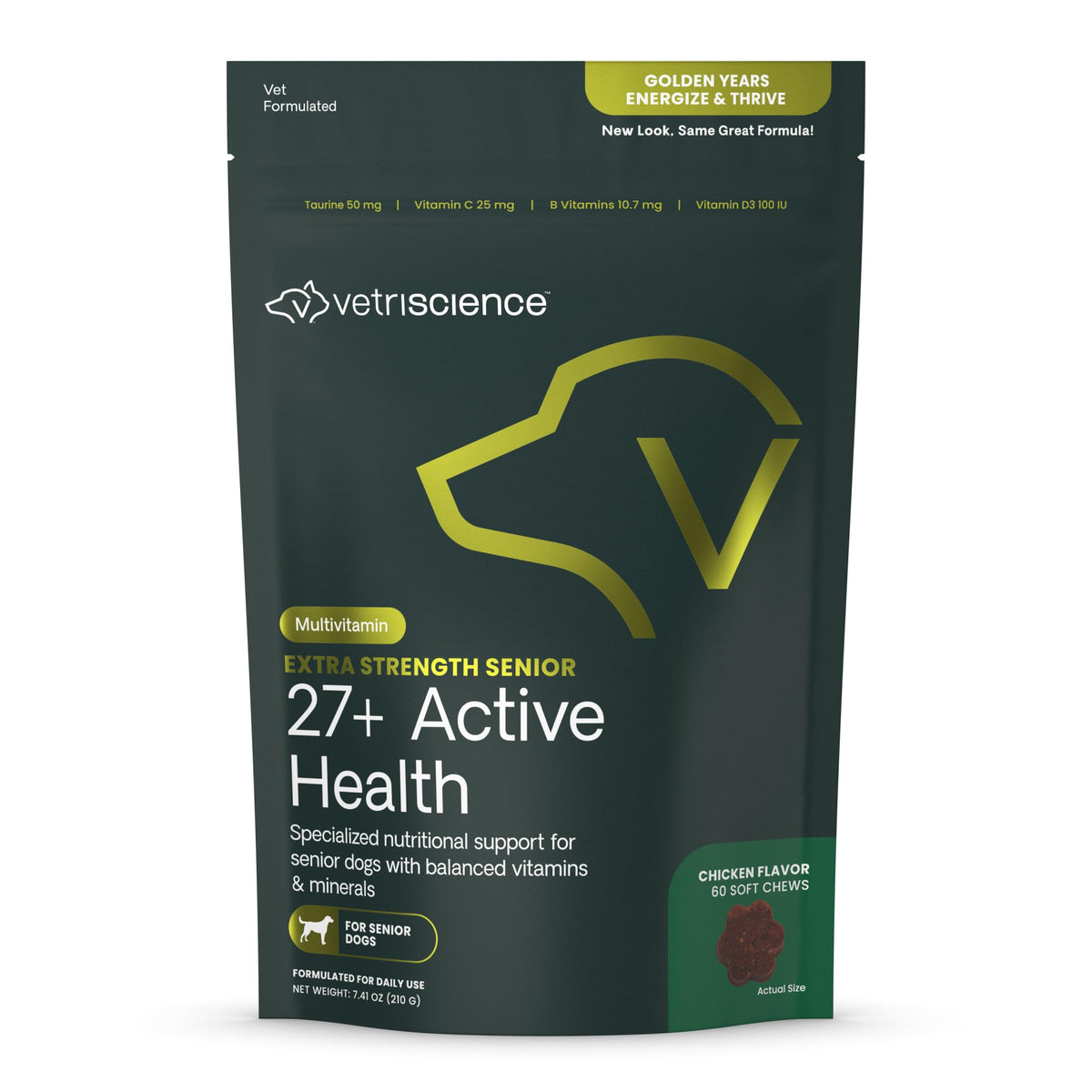 VetriScience Senior 27+ bottle close-up, easy-to-chew daily multivitamin for aging dogs