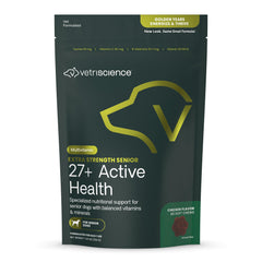 VetriScience Senior 27+ bottle close-up, easy-to-chew daily multivitamin for aging dogs