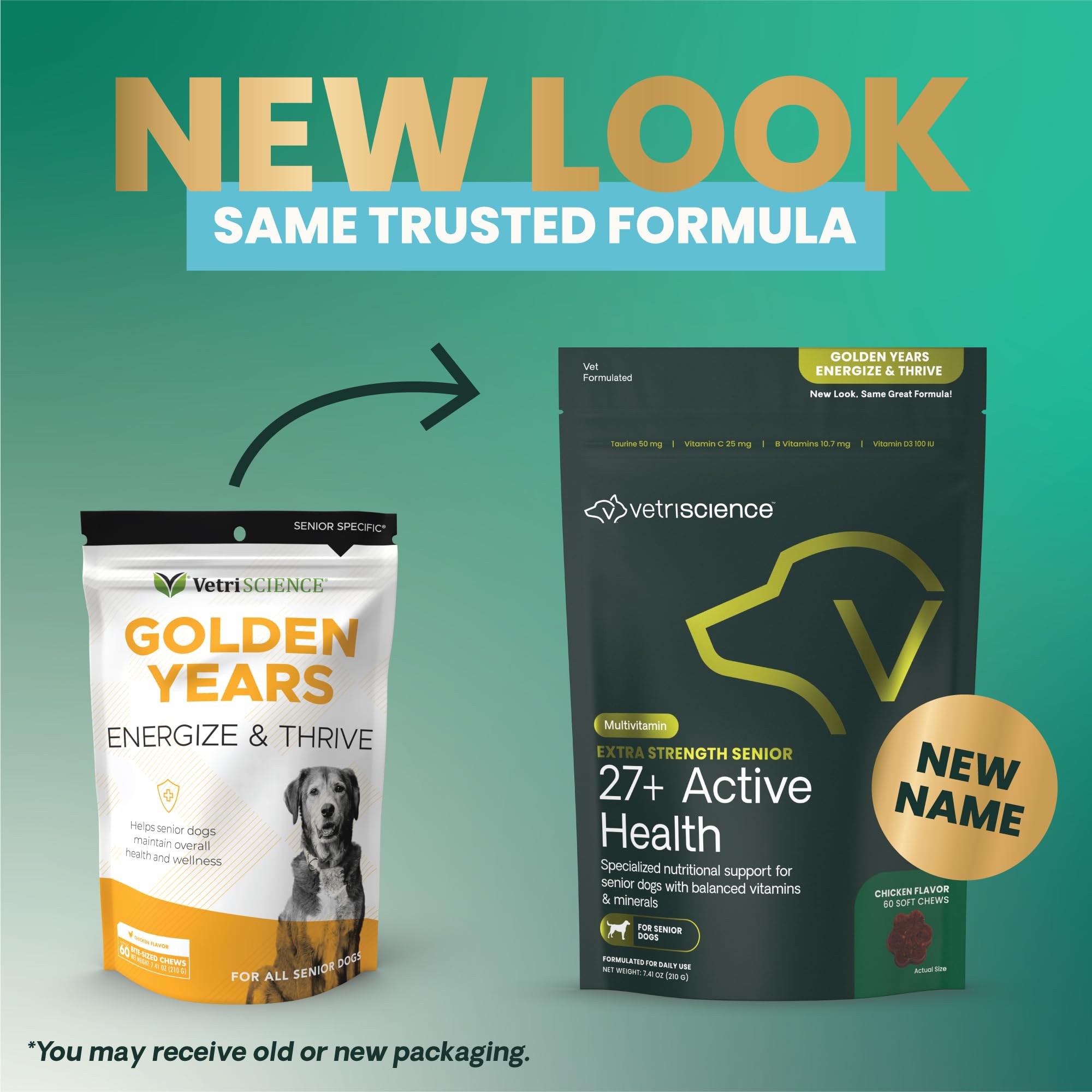 VetriScience Senior 27+ chews open packet, convenient daily supplement for senior dogs' health