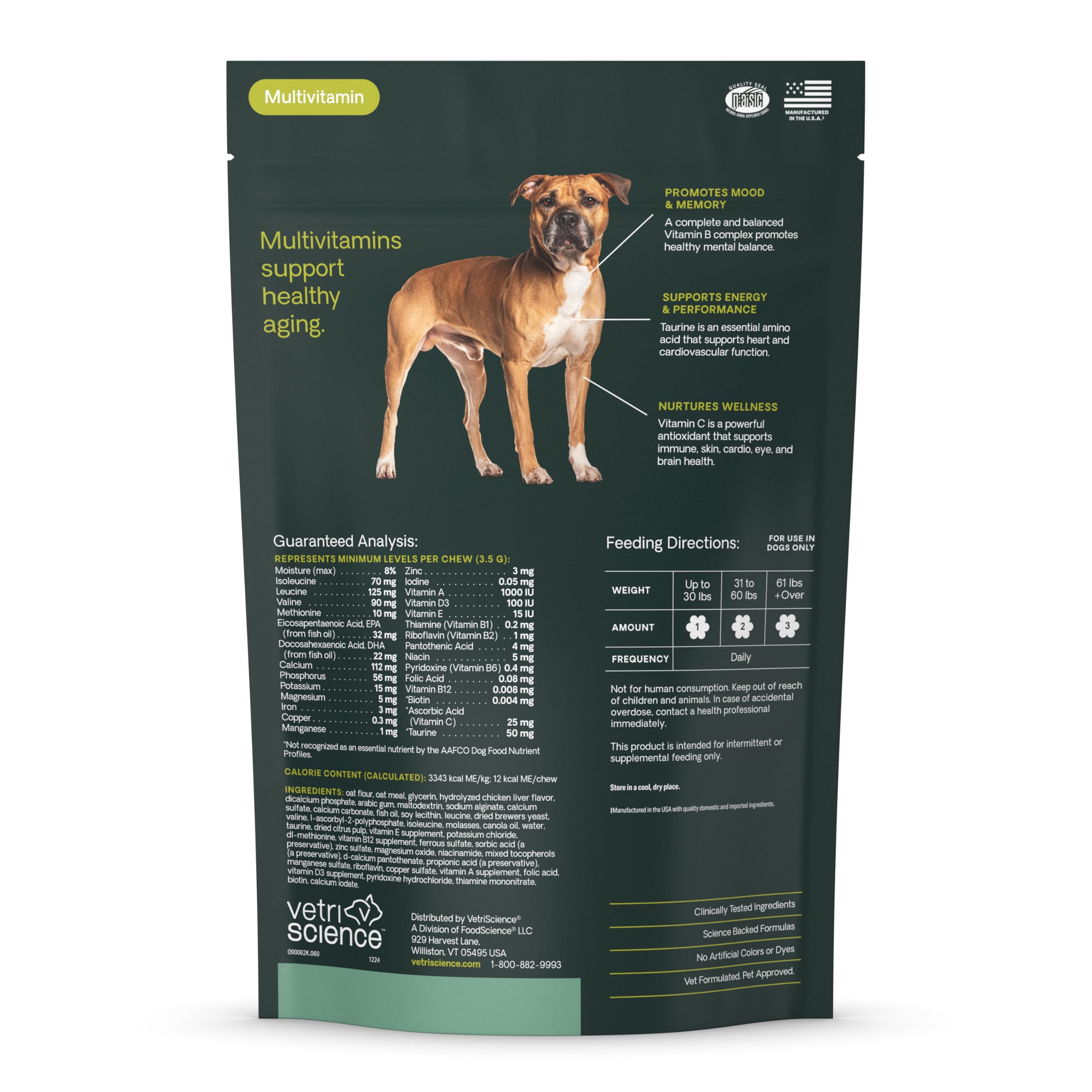 VetriScience Senior 27+ chicken-flavored chews in bowl, soft texture for easy consumption