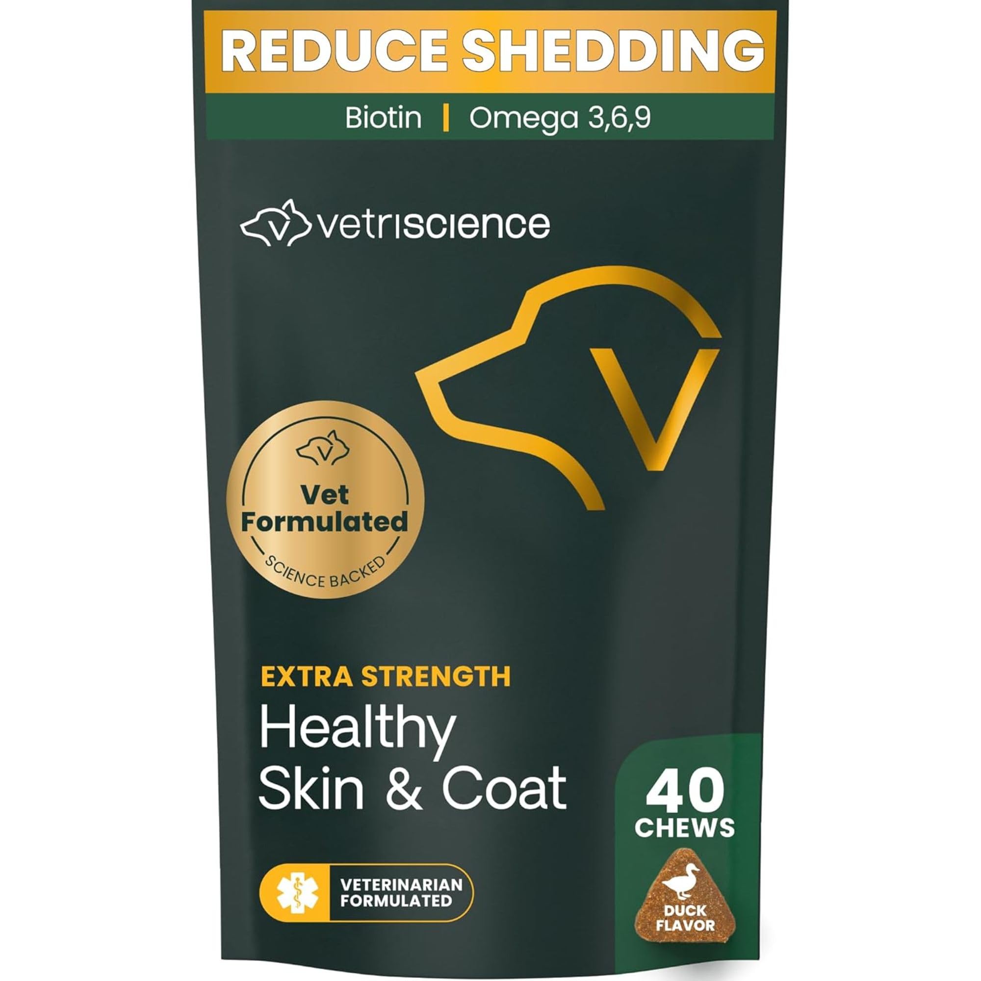 VetriScience Extra Strength Skin & Coat chews bottle label highlighting omega-3 support for dogs