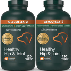 VetriScience GlycoFlex 2 bottle packaging signals reliable hip and joint support for dogs.