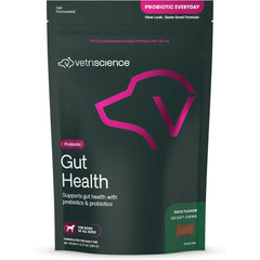 VetriScience Gut Health Chews bottle shows daily probiotic support for dogs.