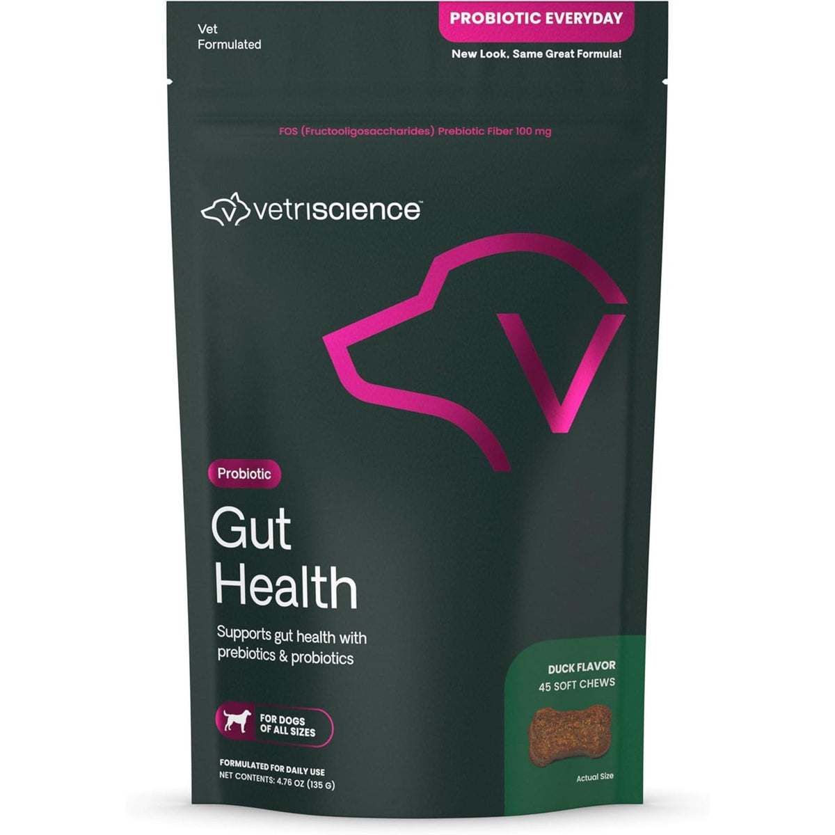 VetriScience Gut Health Chews bottle with duck flavor for daily digestion support