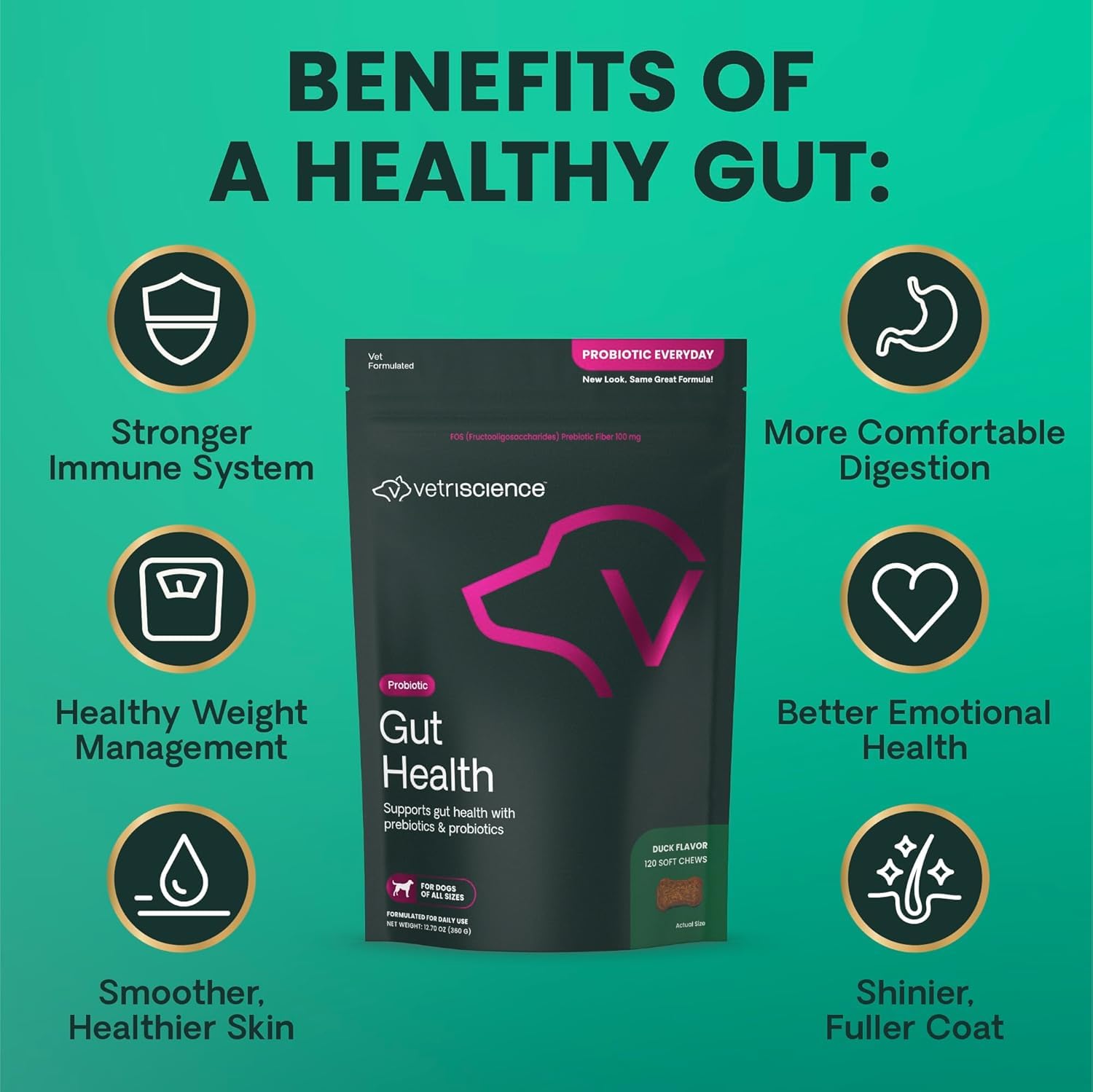 Product label close-up of VetriScience Gut Health Chews highlighting key benefits.
