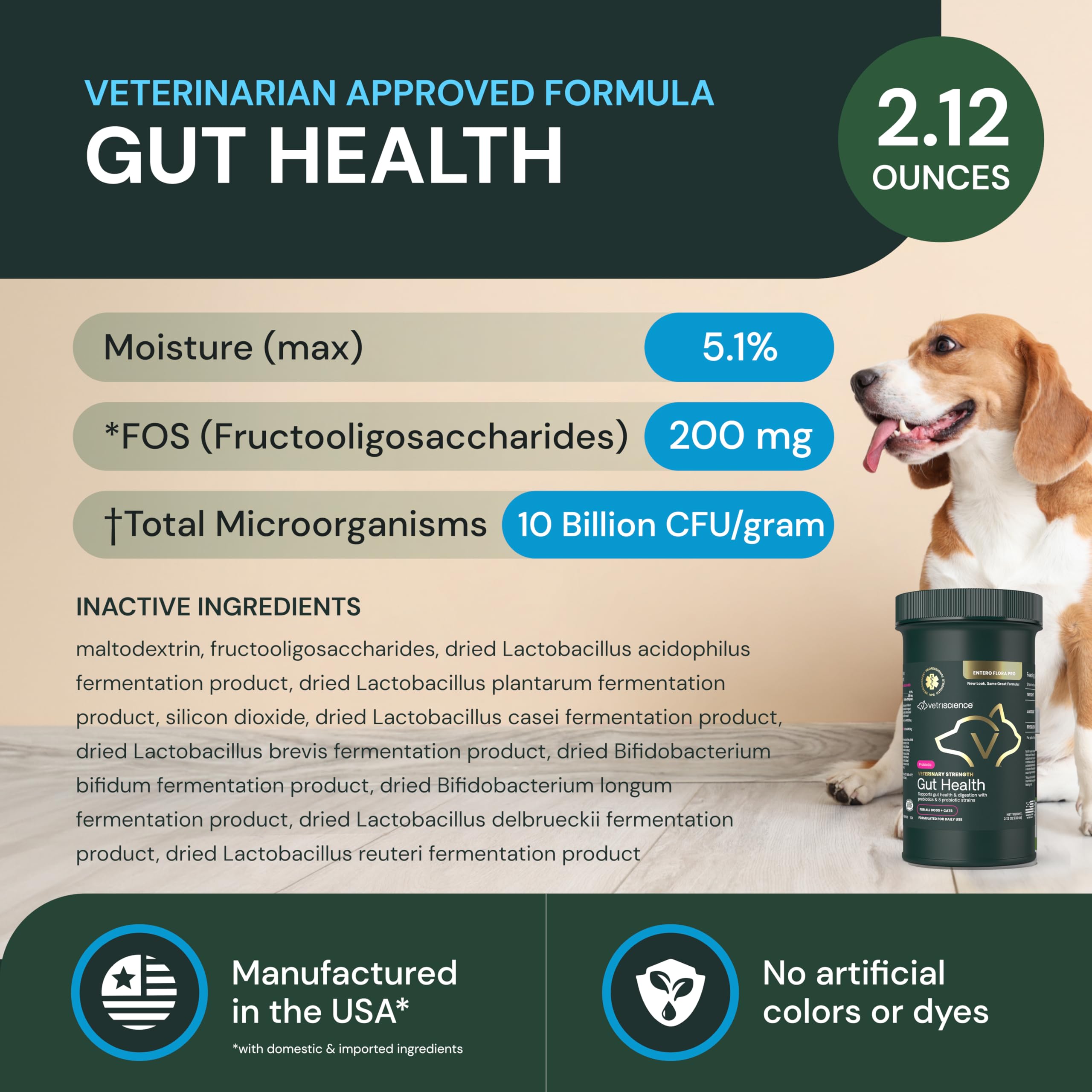 VetriScience Gut Health Powder dog serving aids daily digestion support for active dogs.