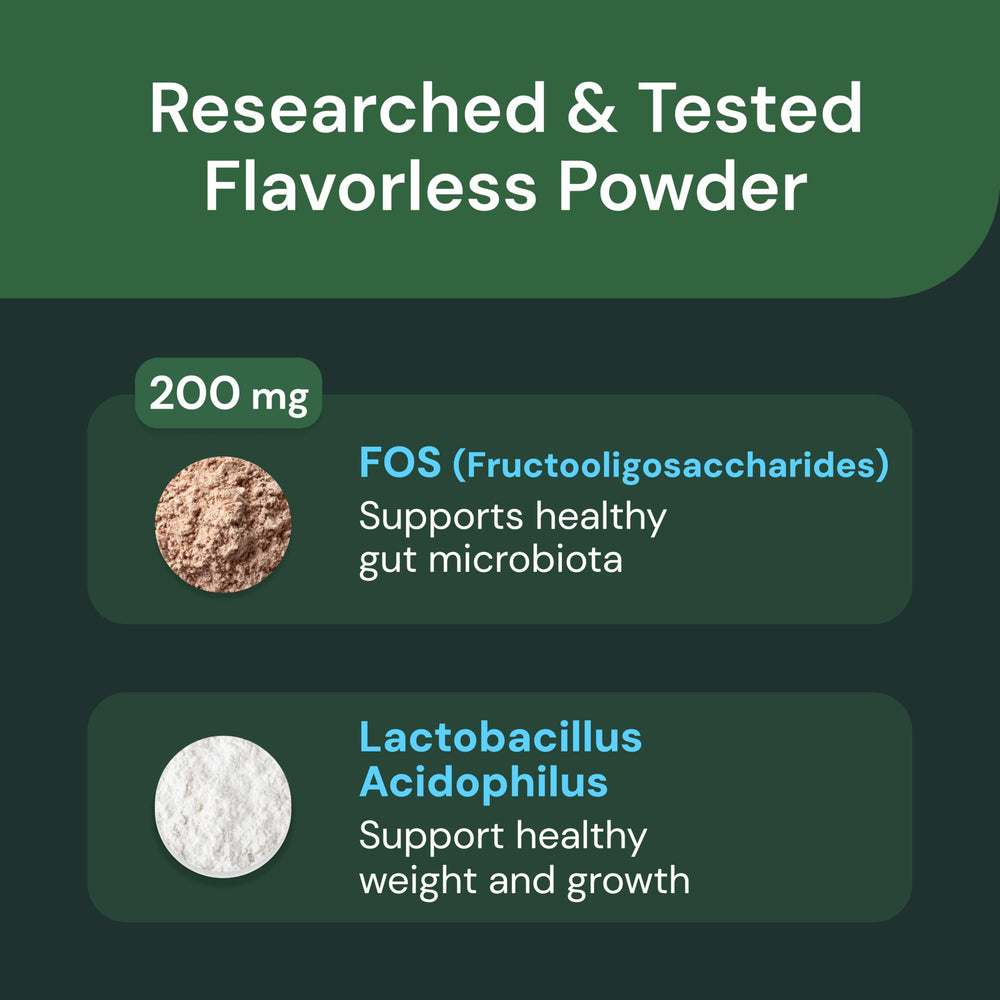 VetriScience Gut Health Powder label closeup shows 10 billion CFUs per serving and FOS fiber.