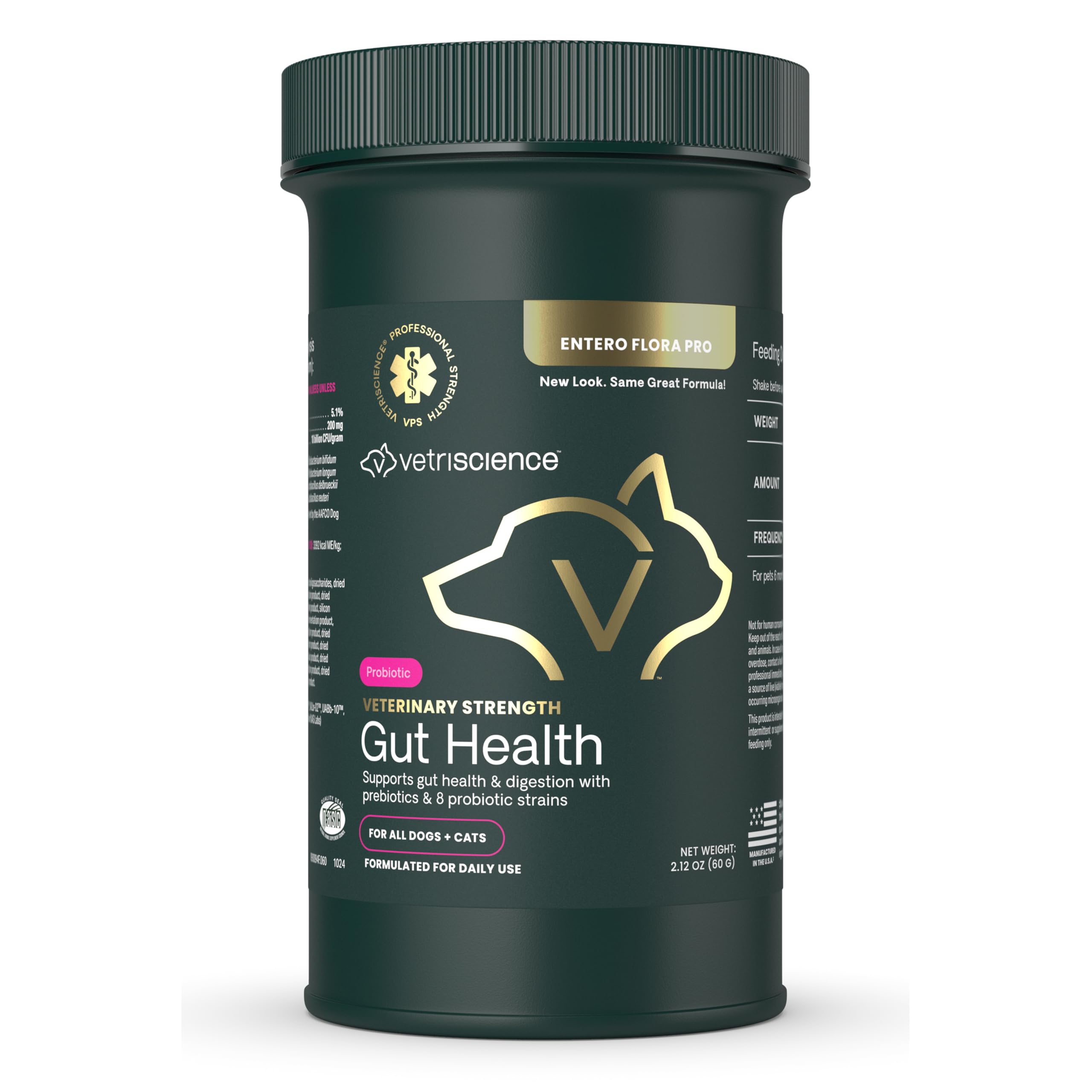 VetriScience Gut Health Powder tub closeup shows tasteless probiotic formula for pets.