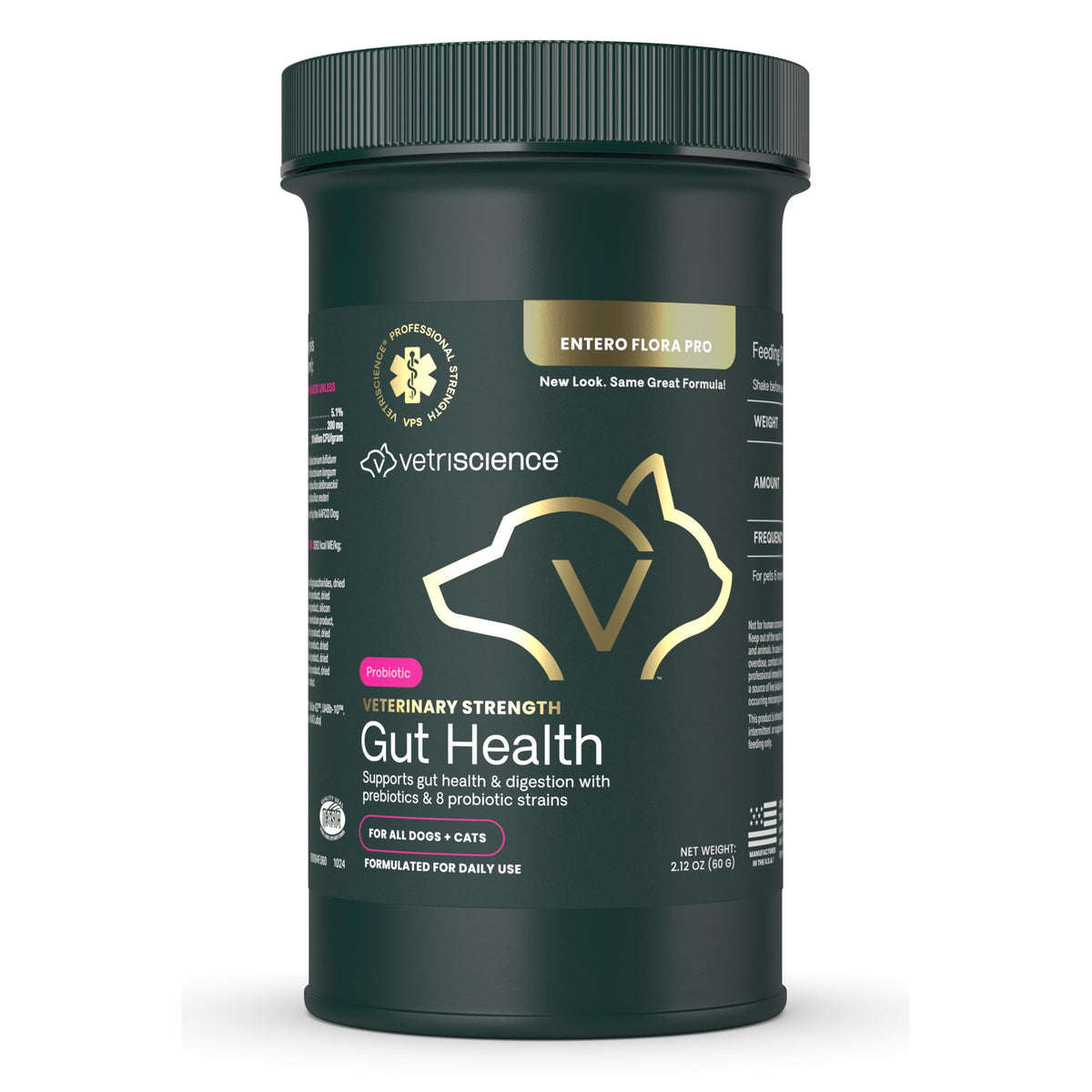 VetriScience Gut Health Powder tub closeup shows tasteless probiotic formula for pets.