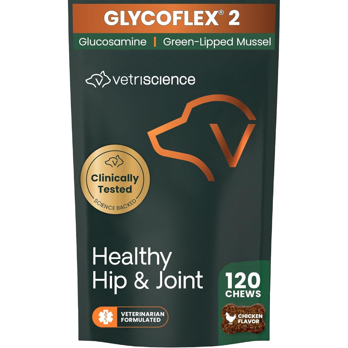 VetriScience Healthy Hip & Joint chews bottle supports mobility in dogs.