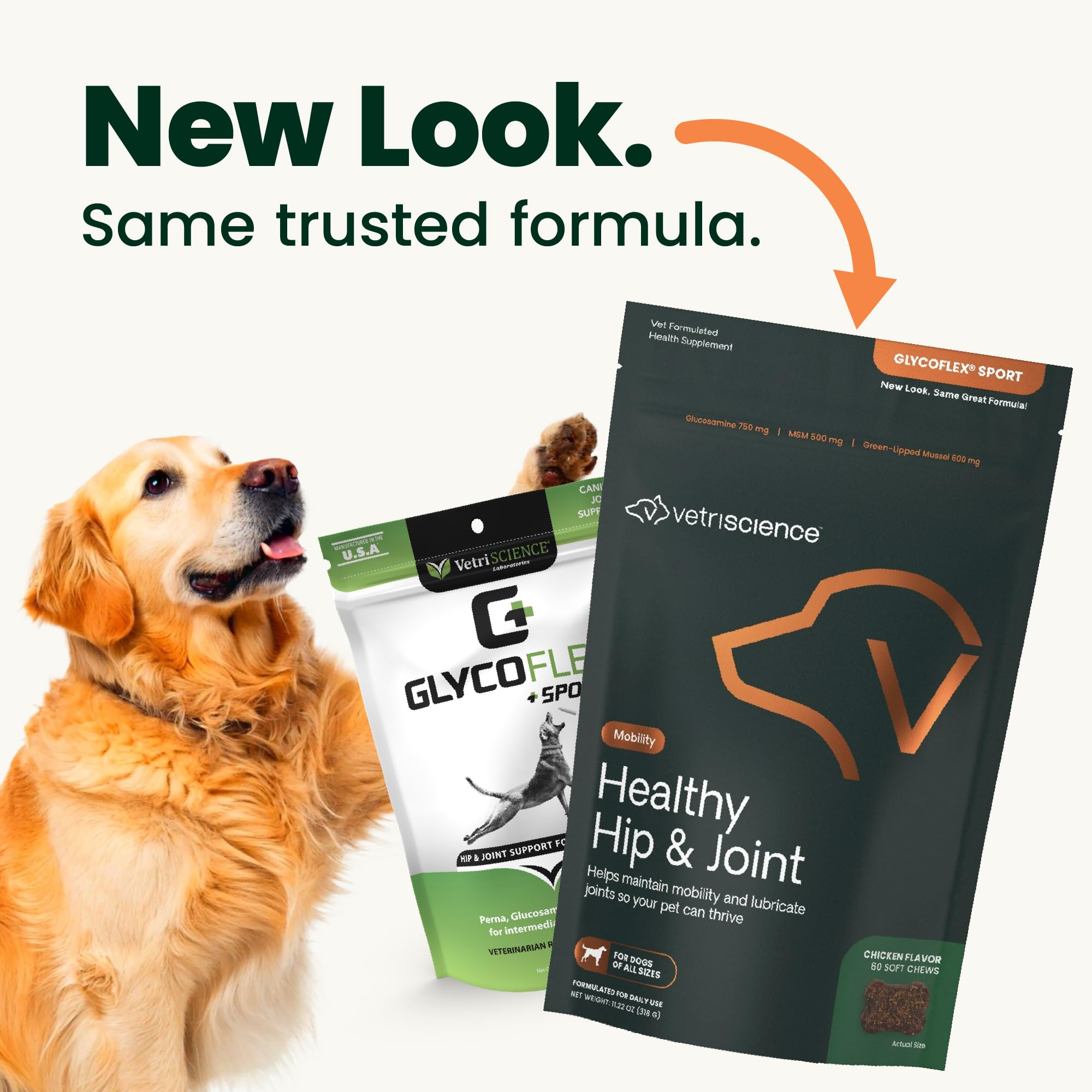 VetriScience Healthy Hip & Joint chews packaging highlights GlycoFlex ingredients for mobility.