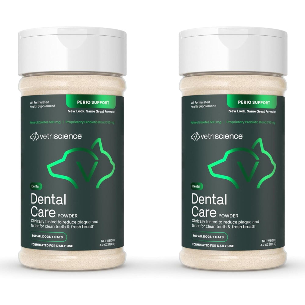 VetriScience Healthy Mouth powder bottle on countertop for easy no-brush pet care