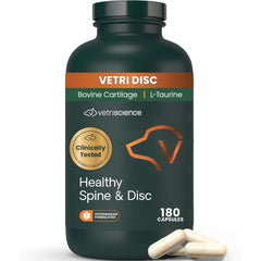 VetriScience Healthy Spine & Disc bottle on a counter supports joint and spine comfort.
