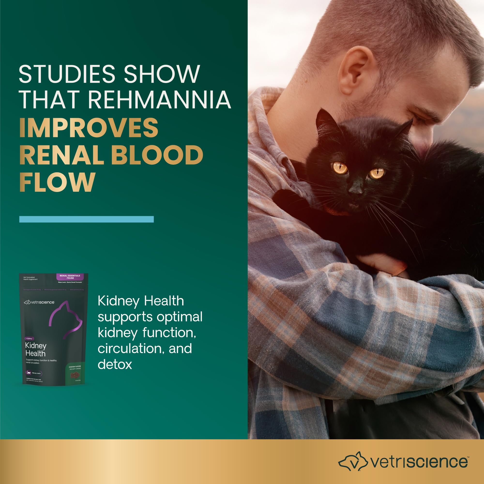 Ingredient label view highlights Rehmannia, astragalus, and omega fatty acids for renal support.