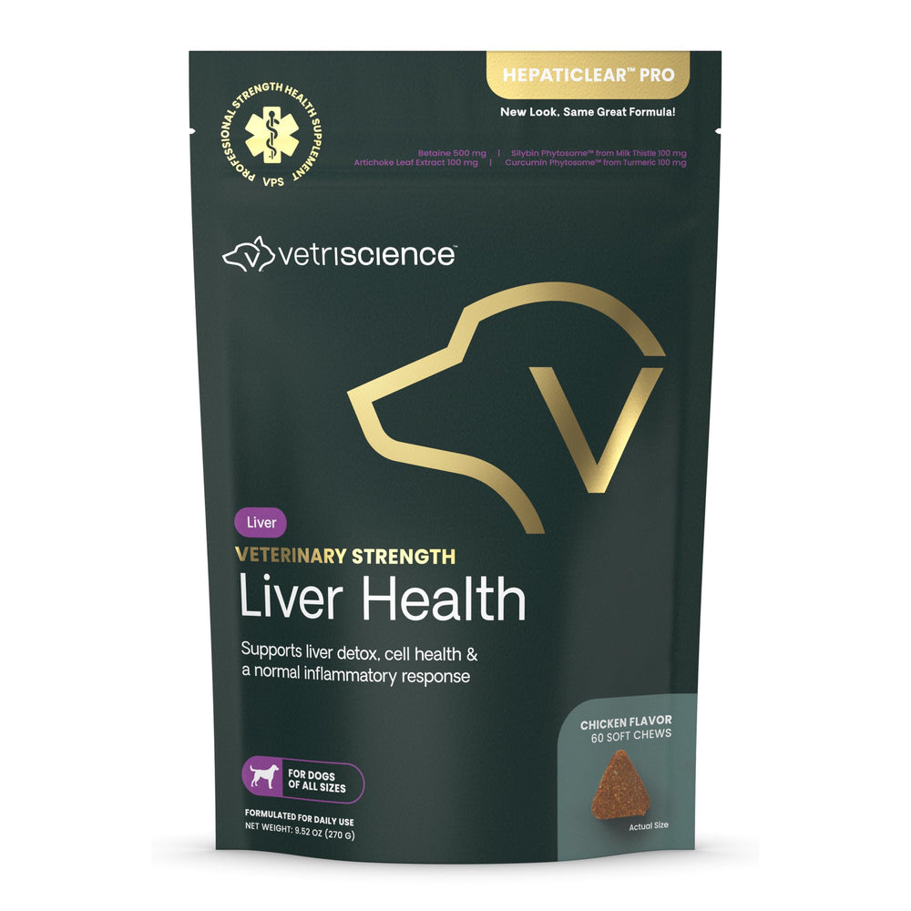 VetriScience Liver Health Chews packaging for dogs highlighting veterinary strength liver support.