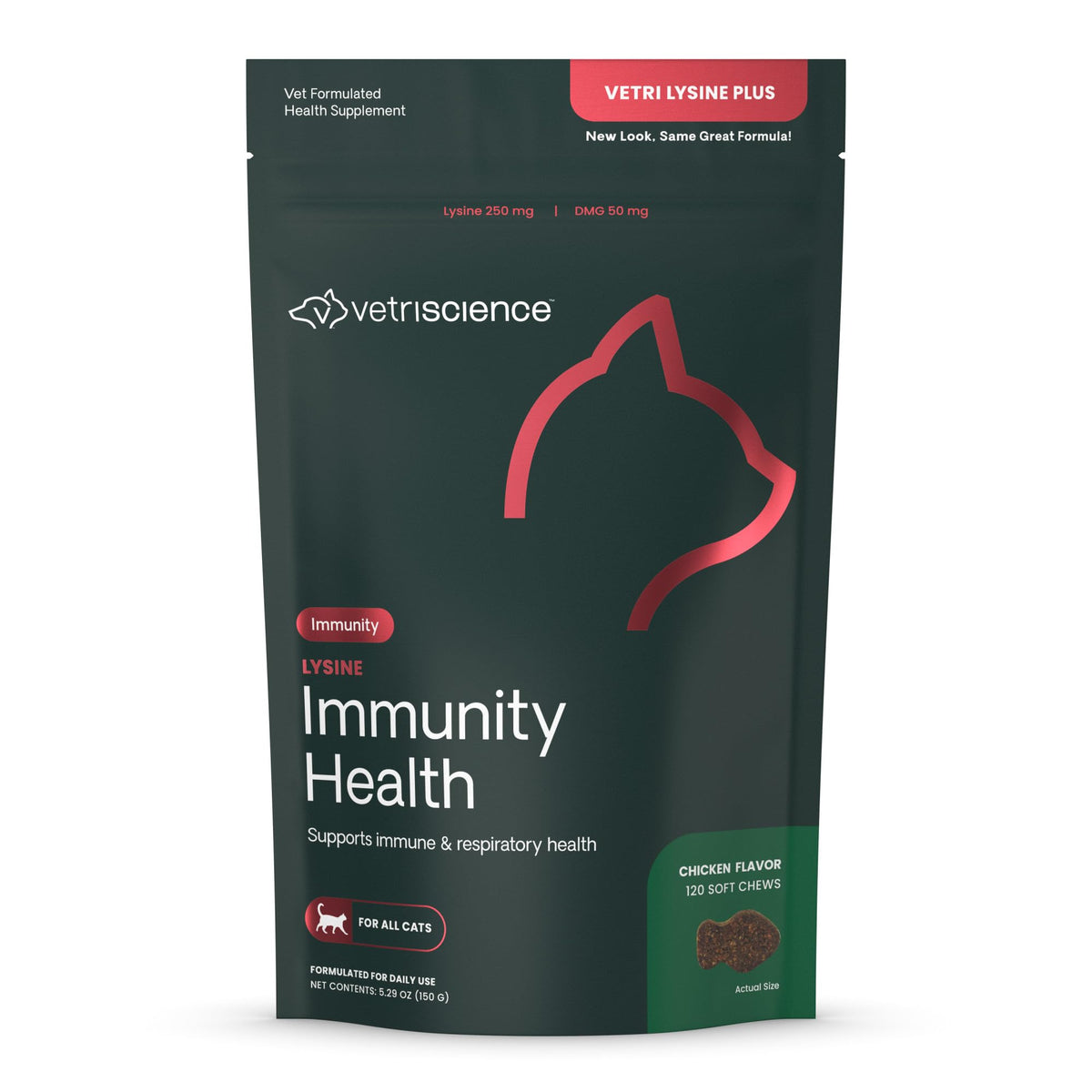 VetriScience Lysine Immunity Health Chews bottle showing convenient immune support for cats.
