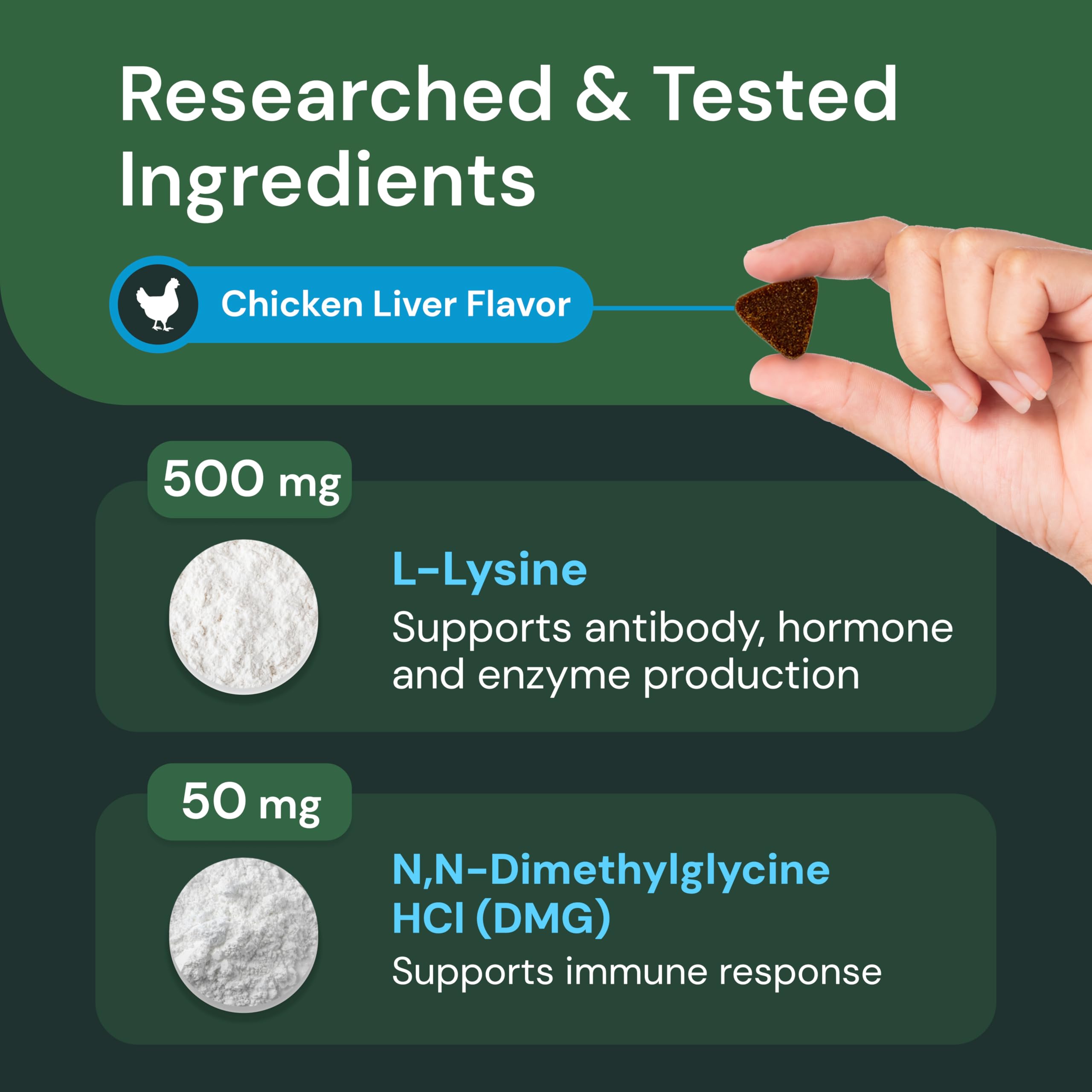 VetriScience Lysine Immunity Chews packaging with nutrition panel suggesting heart and eye support.