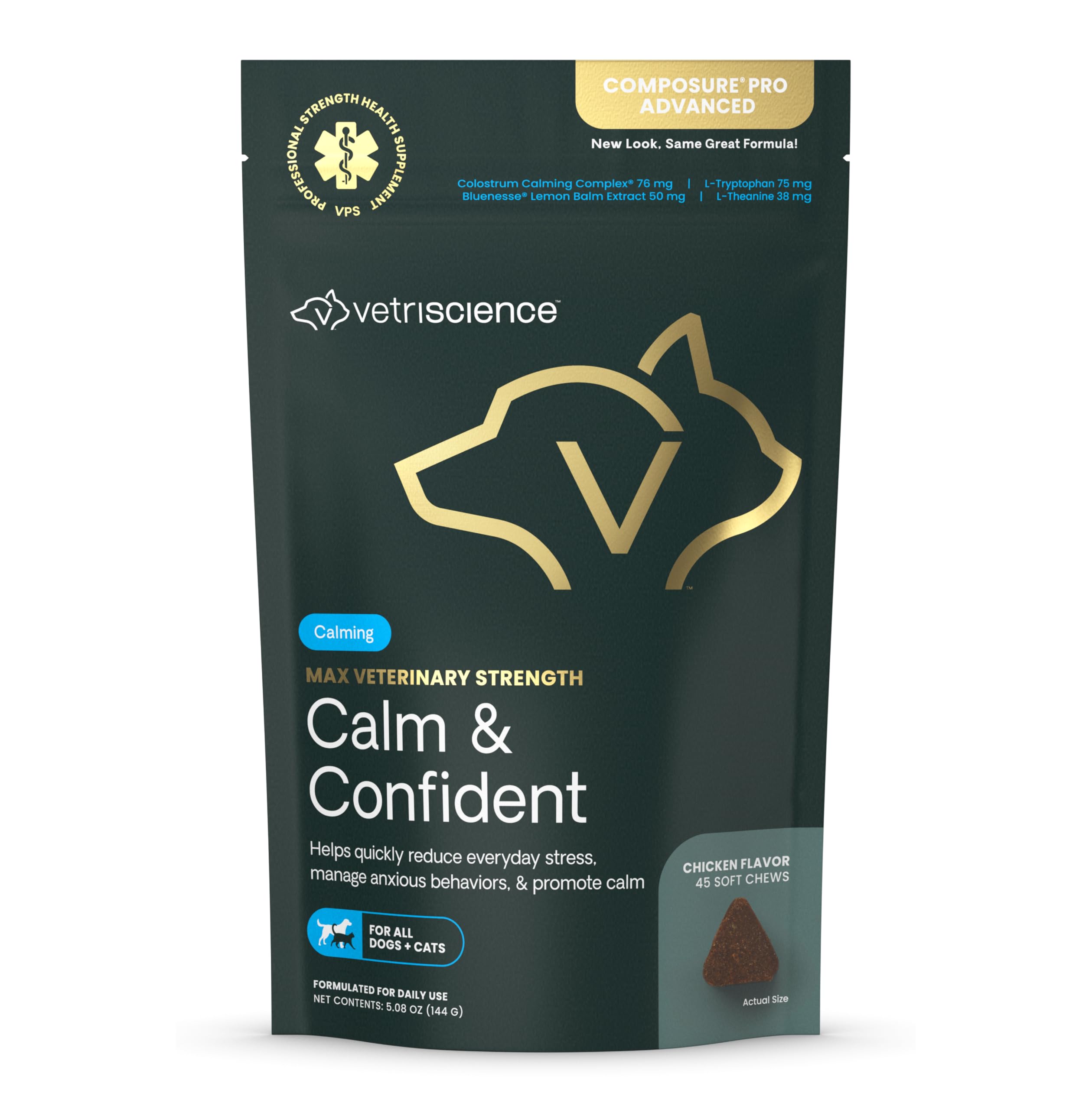 VetriScience Calm & Confident chews packaging shows easy stress relief for pets