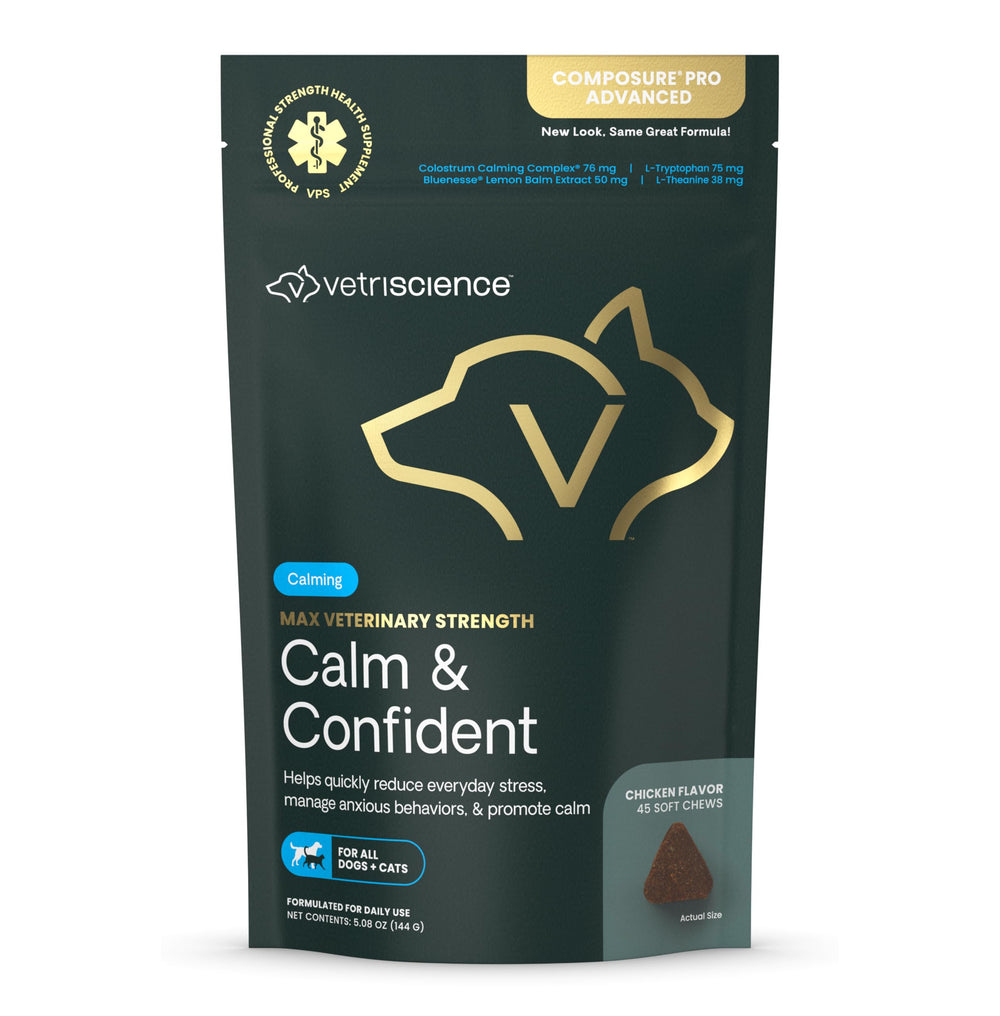 VetriScience Calm & Confident chews packaging shows easy stress relief for pets
