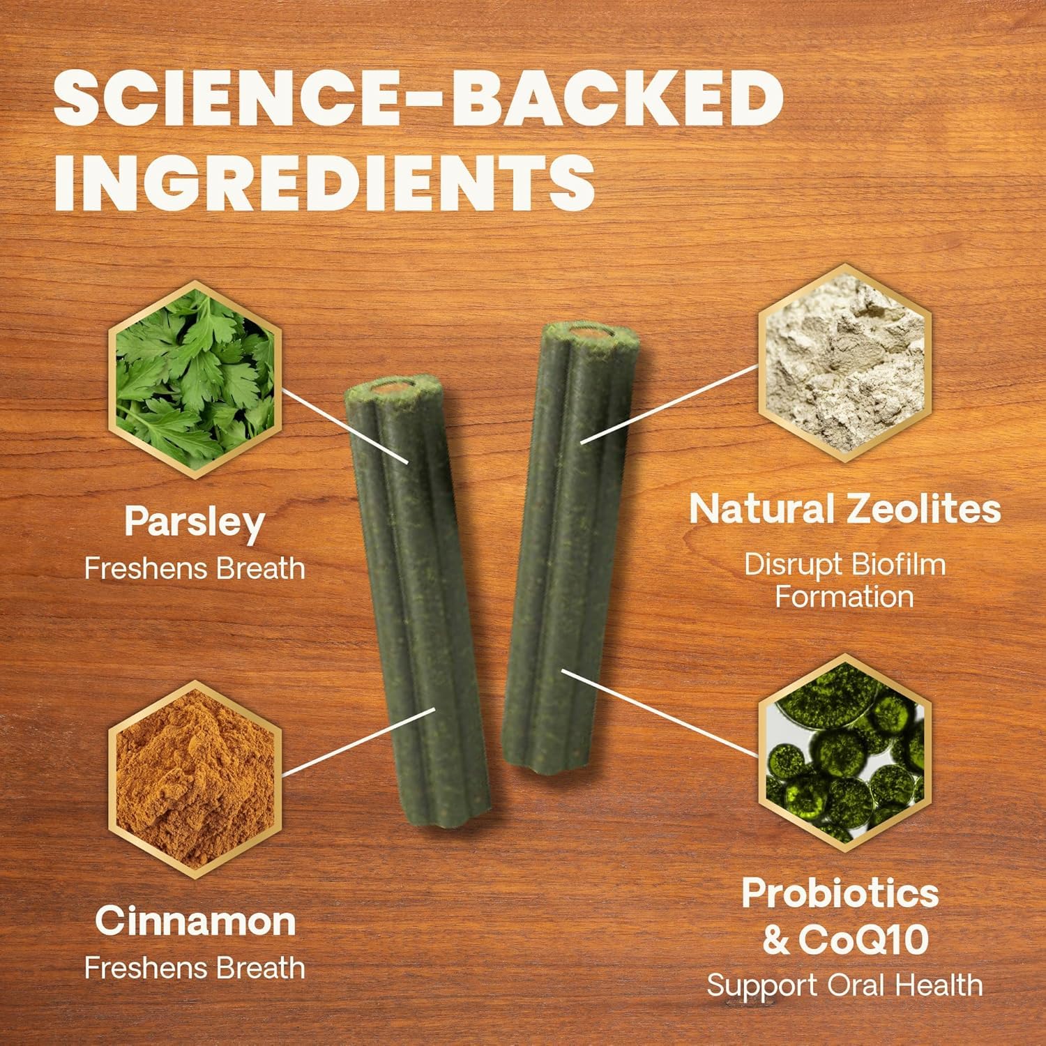 VetriScience Perio Plus Stix ingredient panel highlights probiotics and zeolites