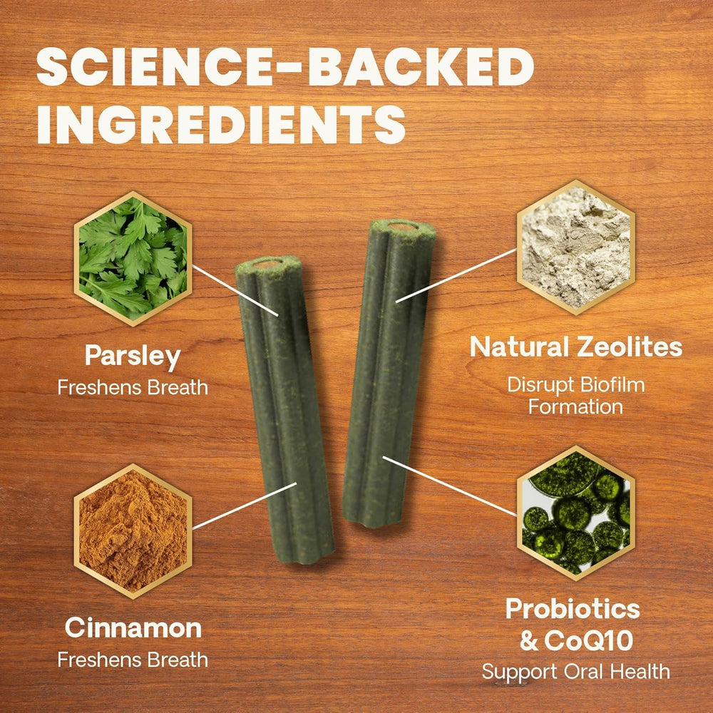 VetriScience Perio Plus Stix ingredient panel highlights probiotics and zeolites